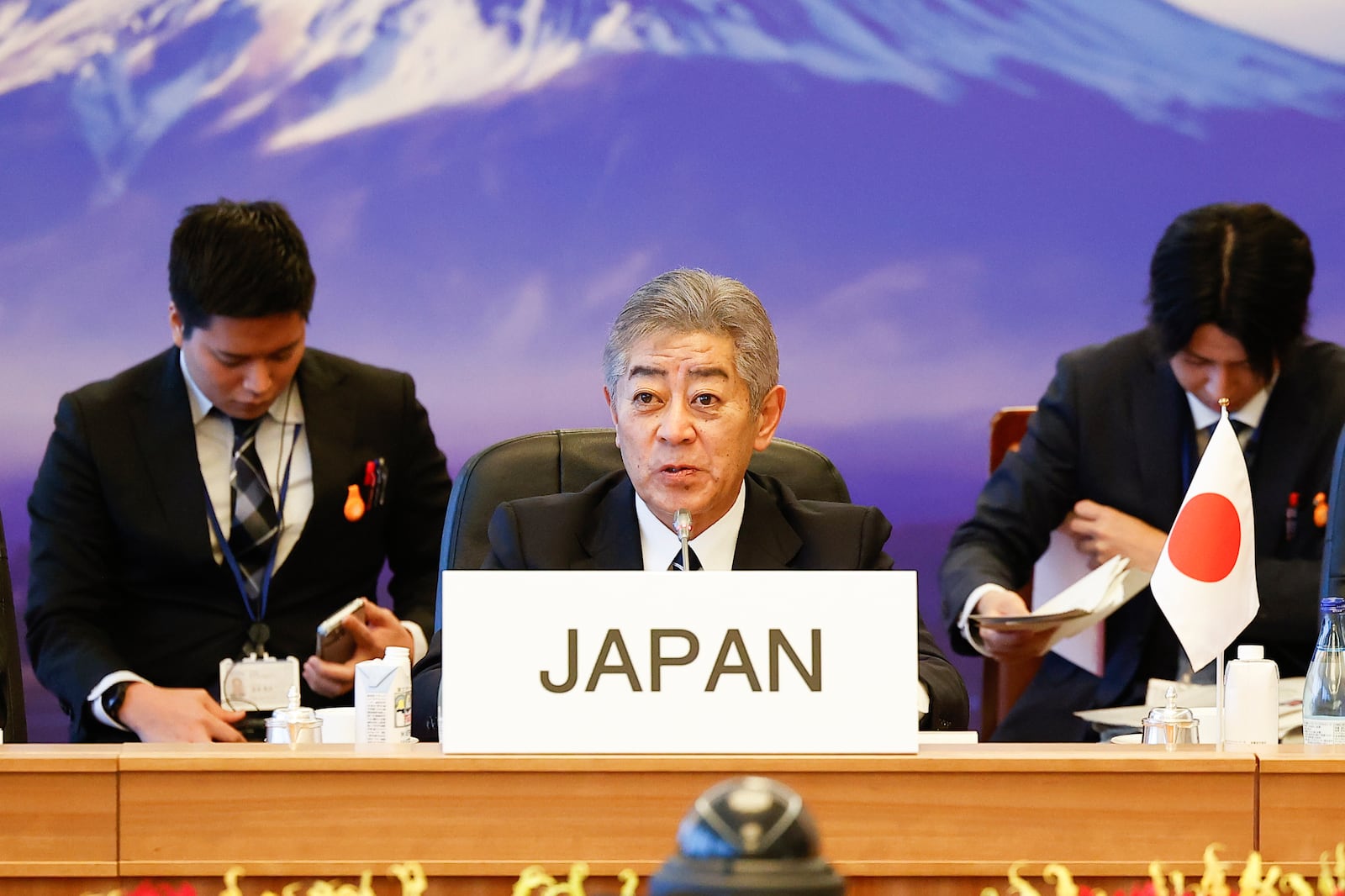 Japanese Foreign Minister Takeshi Iwaya speaks during their trilateral foreign ministers’ meeting with China and South Korea in Tokyo Saturday, March 22, 2025.(Rodrigo Reyes Marin/Pool Photo via AP)