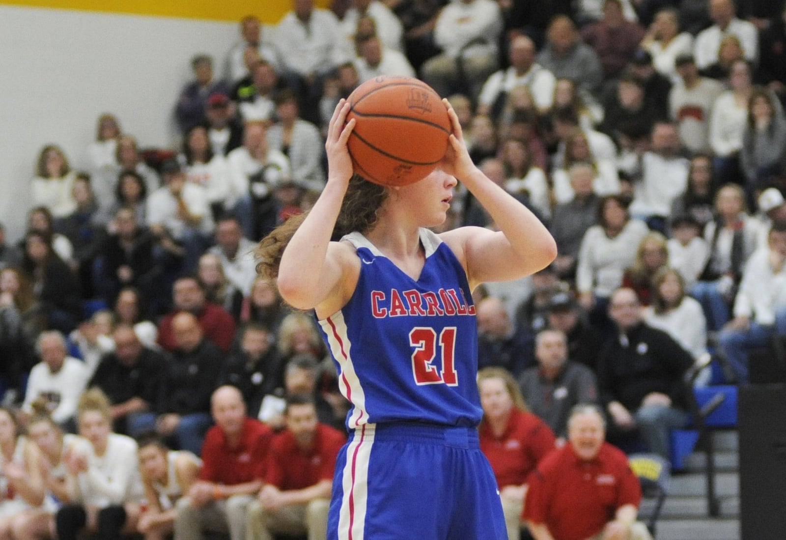 Elisabeth Bush of Carroll sets the offense. Carroll defeated Franklin 57-43 in a girls high school basketball D-II regional final at Springfield High School on Friday, March 8, 2019. MARC PENDLETON / STAFF