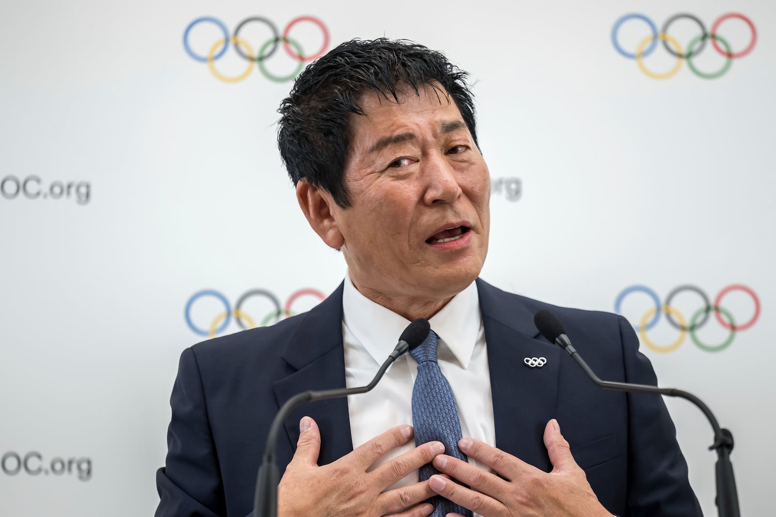 Candidate to the presidency of the International Olympic Committee (IOC) Morinari Watanabe speaks during a press conference following a presentation before their fellow IOC members in Lausanne, Switzerland, Thursday, Jan 30, 2025 (Fabrice Coffrini/Pool Photo via AP)