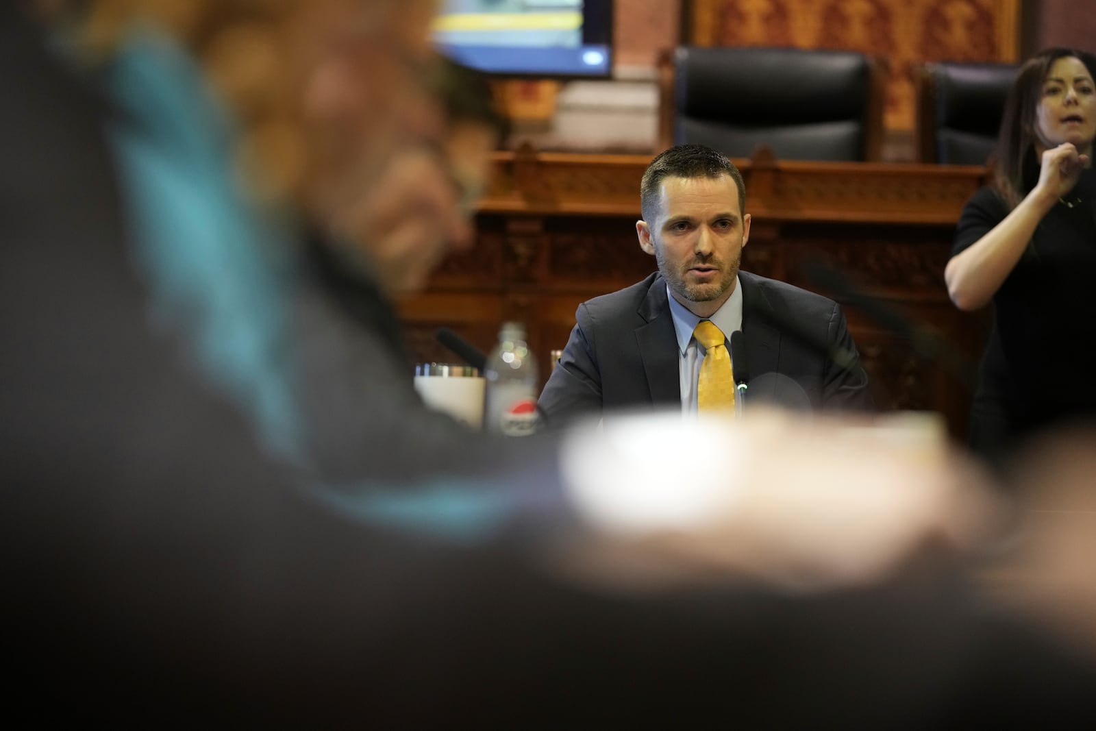 Lawmakers are present to vote on a bill that would strip the state civil rights code of protections based on gender identity, Thursday, Feb. 27, 2025, in Des Moines, Iowa. (AP Photo/Charlie Neibergall)