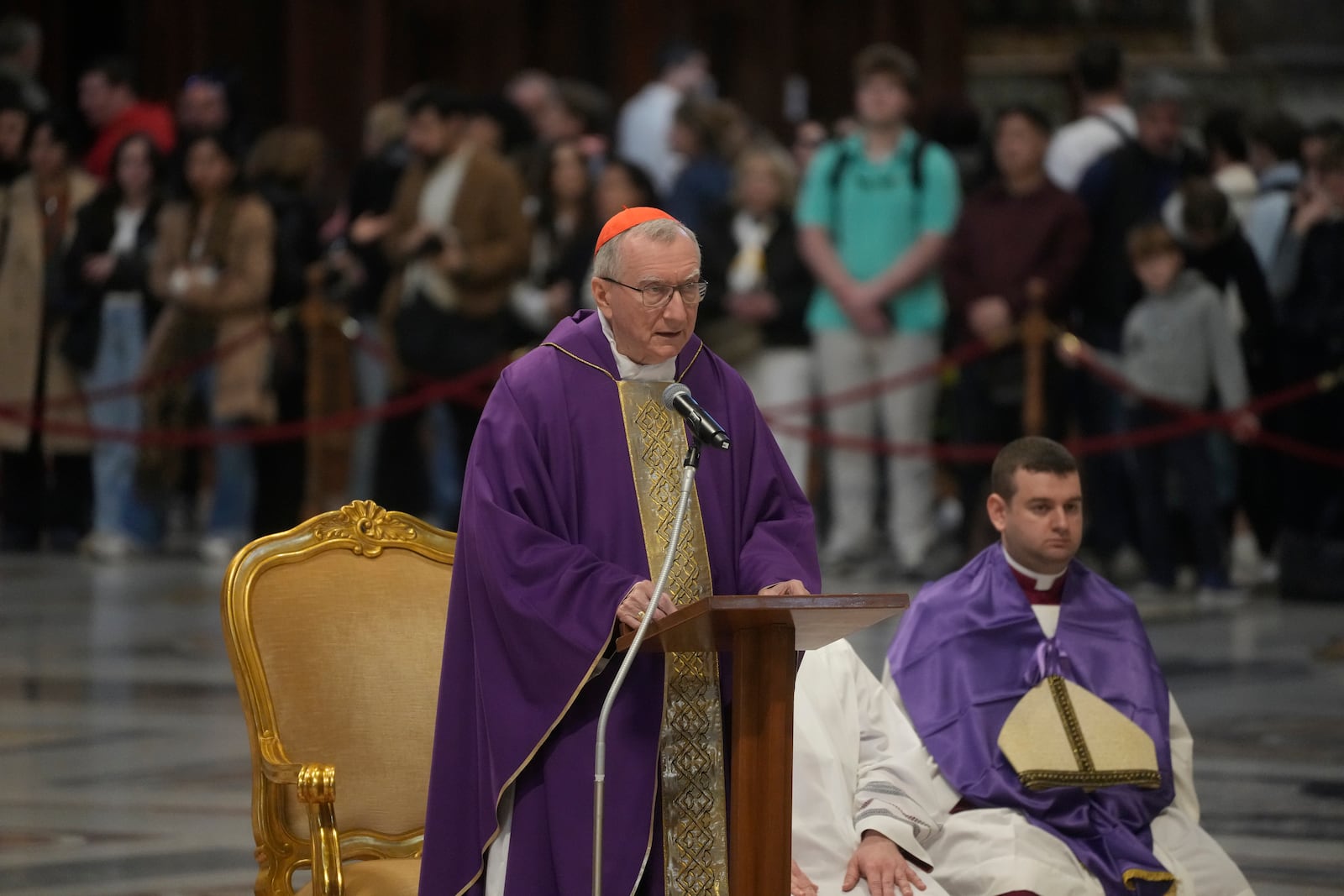 Vatican Secretary of State, Cardinal Pietro Parolin, delegated by Pope Francis who's being treated for pneumonia at Rome's Agostino Gemelli Polyclinic, presides over a mass with the pilgrims of the "Movement for Life" in St. Peter's Basilica at The vatican, Saturday, March 8, 2025. (AP Photo/Gregorio Borgia)