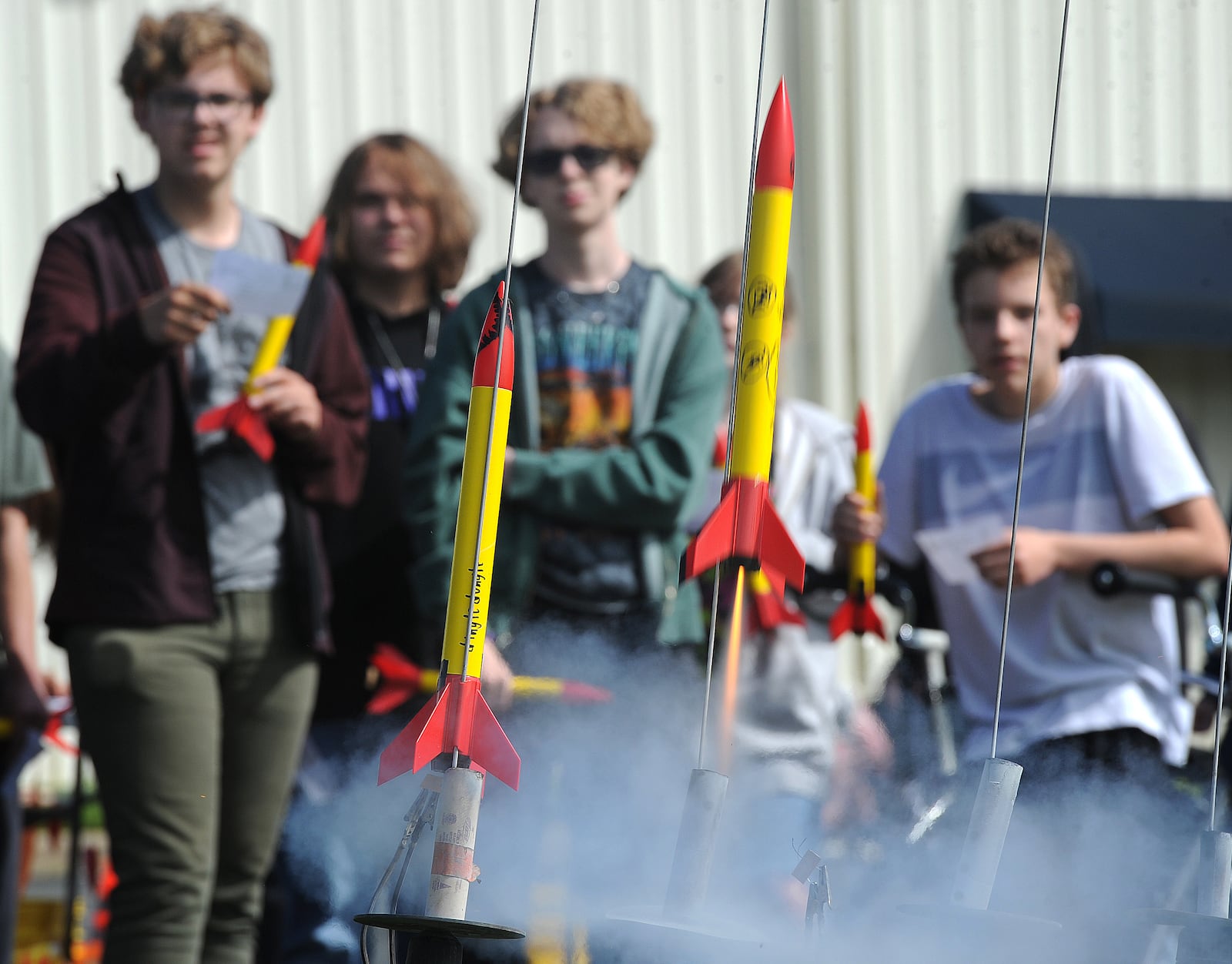 Xenia Community STE(A)M Academy, freshman students watch their rockets launch Friday, May 10, 2024. MARSHALL GORBY\STAFF

















