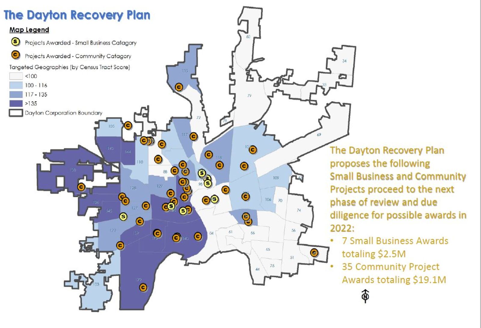 A map of community projects recommended for approval to receive millions of dollars of Dayton's federal rescue funds. Dayton will receive $138 million from the American Rescue Plan Act, and the city is considering awarding 35 projects more than $19 million in grants. CONTRIBUTED 