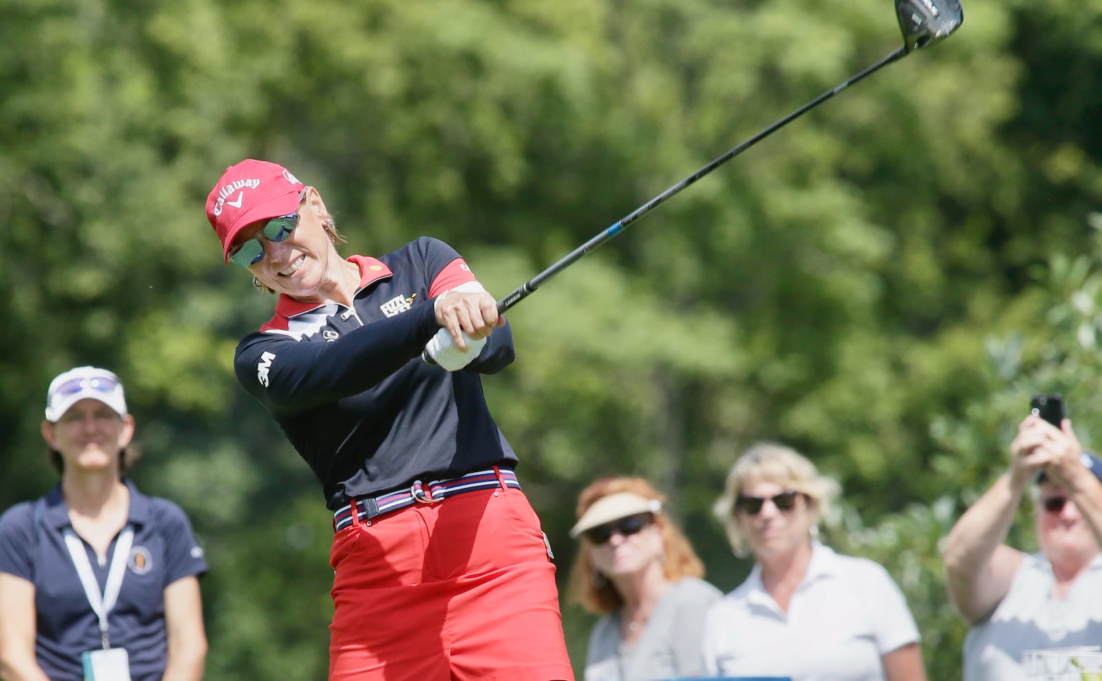 Annika Sörenstam hits her first shot of the second round at No. 10 at the U.S. Senior Women’s Open on Friday, Aug. 26, 2022, at NCR Country Club in Kettering. David Jablonski/Staff