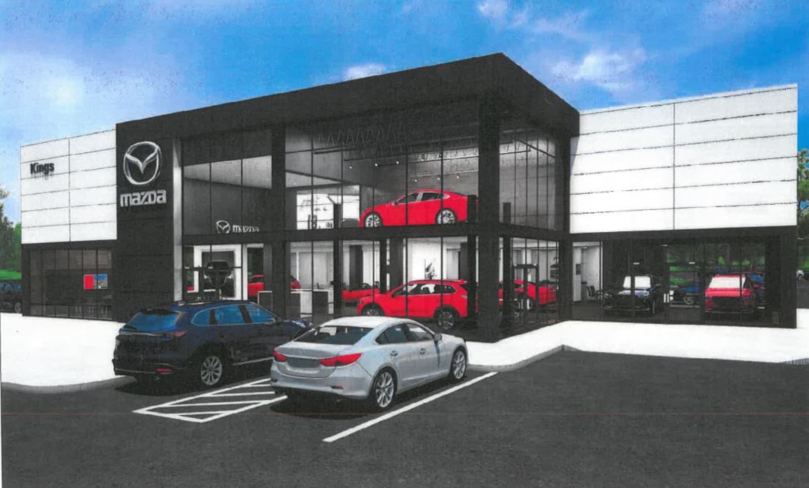 A digital illustration of a Mazda dealership planned to replace the former Danbarry Cinemas in Miami Twp. CONTRIBUTED