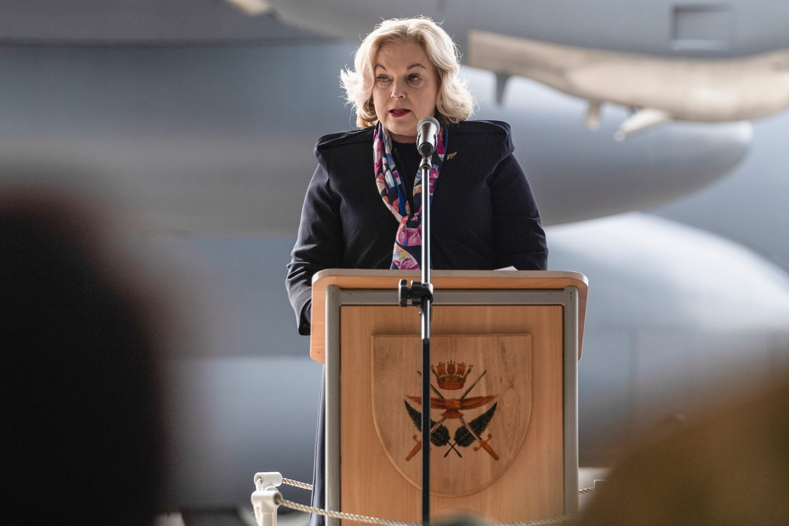 In this photo provided by New Zealand Defence Force, New Zealand's Defense Minister Judith Collins speaks at Auckland's Whenuapai Air Force Base, on Sept. 10, 2024. (LAC Jalesa Noman/New Zealand Defence Force via AP)