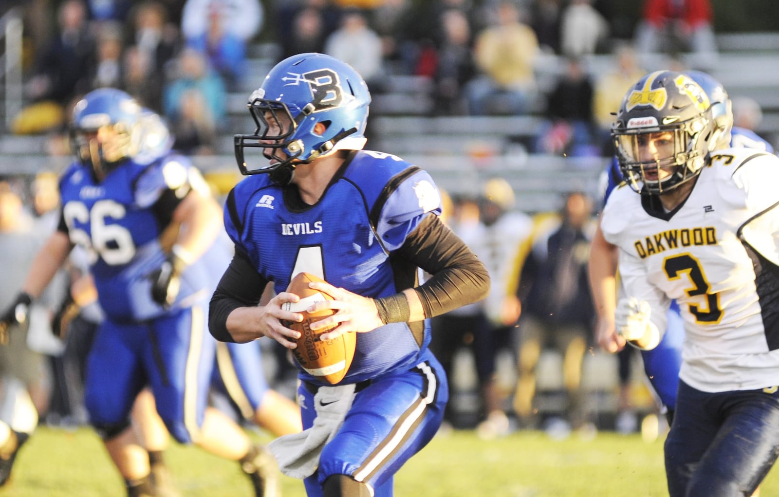 Brookville QB Mason Stout had three TD passes. Brookville defeated visiting Oakwood 48-14 in a Week 6 high school football game on Thursday, Sept. 27, 2018. MARC PENDLETON / STAFF