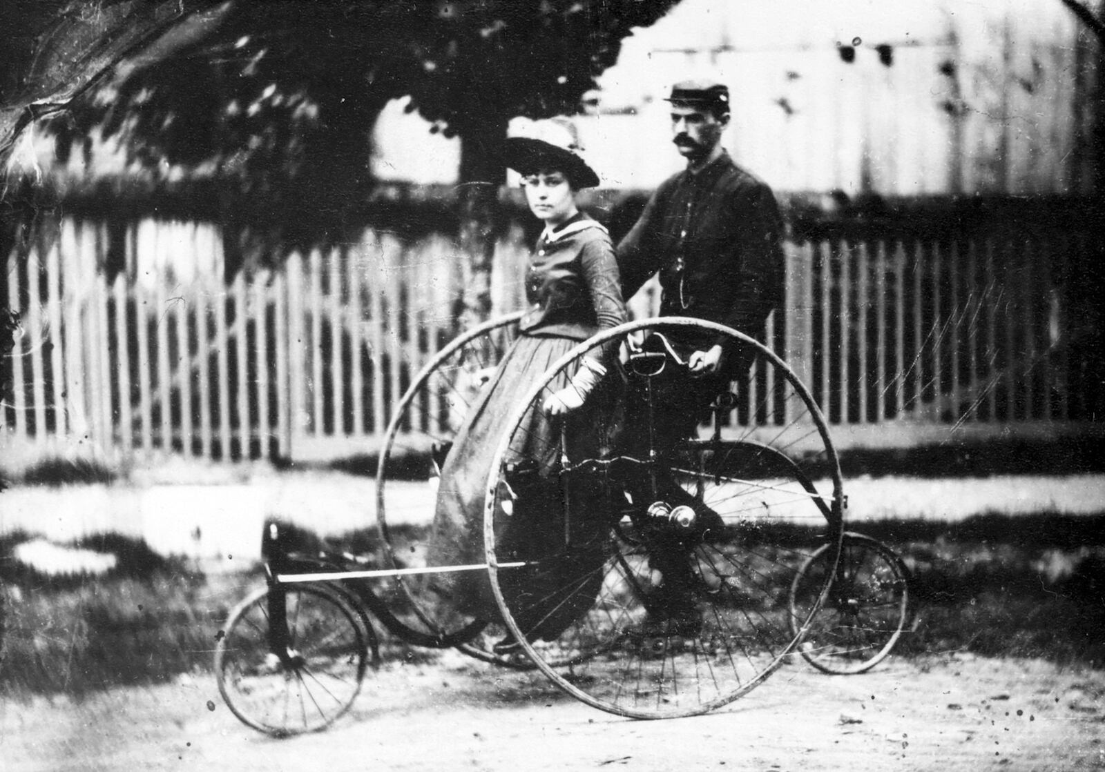 Lydia Mary Petticrew and Webster Witmeyer of Springfield take an 1886 Quadracycle for a ride in this 1887 photograph . The Quadracycle, a tandem bicycle, allowed a lady to sit in style as a passenger. As the bicycle craze grew, ladies fashions adapted, replacing voluminous dresses with "scandalous seeming" bloomers. CLARK COUNTY HISTORICAL SOCIETY