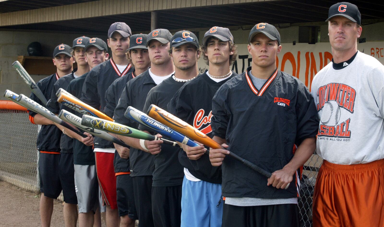 Coldwater baseball batters, batting order front to back. l to r Ryan Gerlach, Troy Siefring, Matt Howell, Brent Schwieterman, Tyler Schwieterman, Trent Gerlach, Dusty Ahrens, Chad Geier and Craig Wellman on end is coach Brian Harlamert.