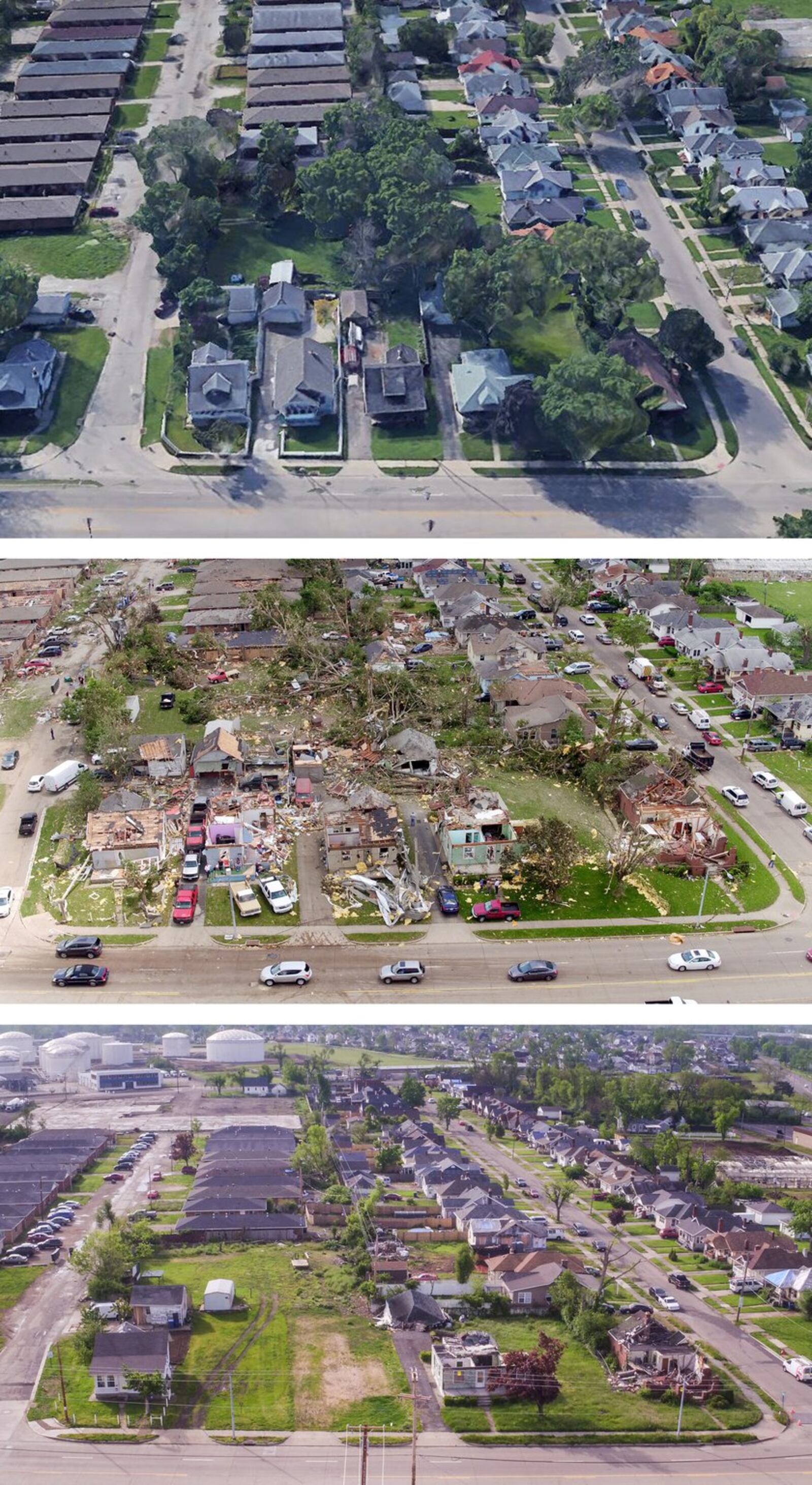 An area of Old North Dayton bounded by Troy Street at bottom, Kelly Avenue, at left, and Macready Avenue, at right, is pictured in this Google Earth image before a Memorial Day 2019 tornado (top). The second photo is directly after the tornado and photo at bottom is from May 2020, nearly a year after. TOP: GOOGLE EARTH; MIDDLE: TY GREENLEES / STAFF; BOTTOM: TY GREENLEES