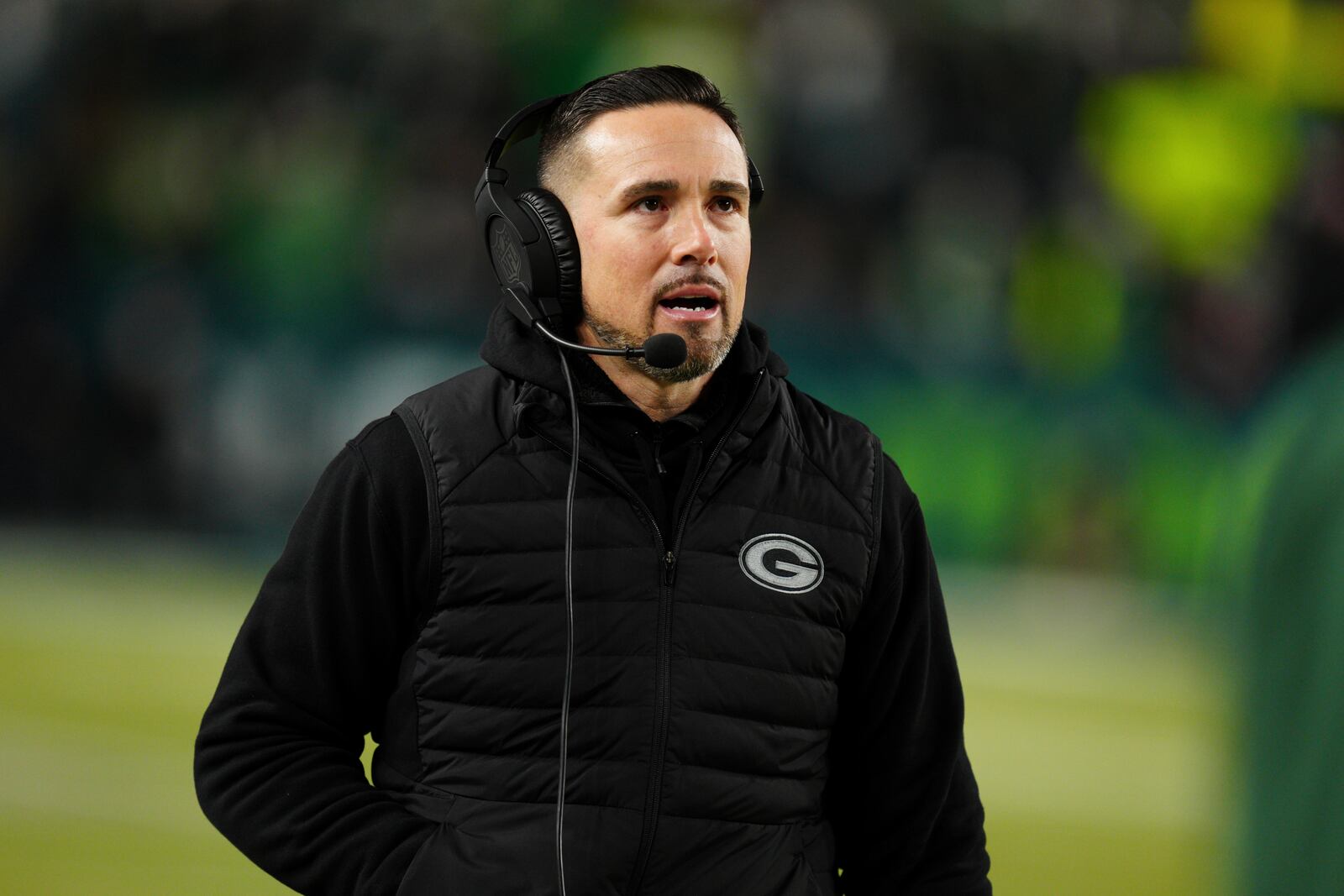 Green Bay Packers head coach Matt LaFleur talks during the second half of an NFL wild-card playoff football game against the Philadelphia Eagles on Sunday, Jan. 12, 2025, in Philadelphia. (AP Photo/Derik Hamilton)