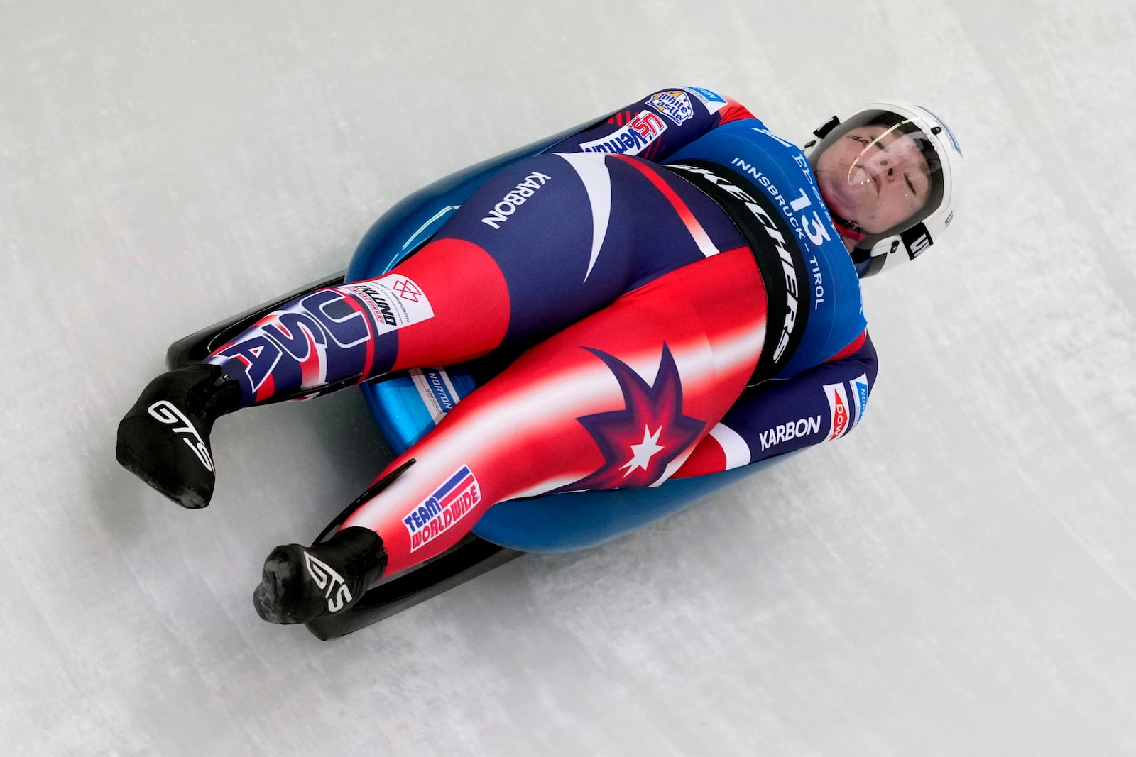 Ashley Farquharson of the United States competes during the women's sprint race at the Luge World Cup in Igls near Innsbruck, Austria, Saturday, Dec. 7, 2024. (AP Photo/Matthias Schrader)