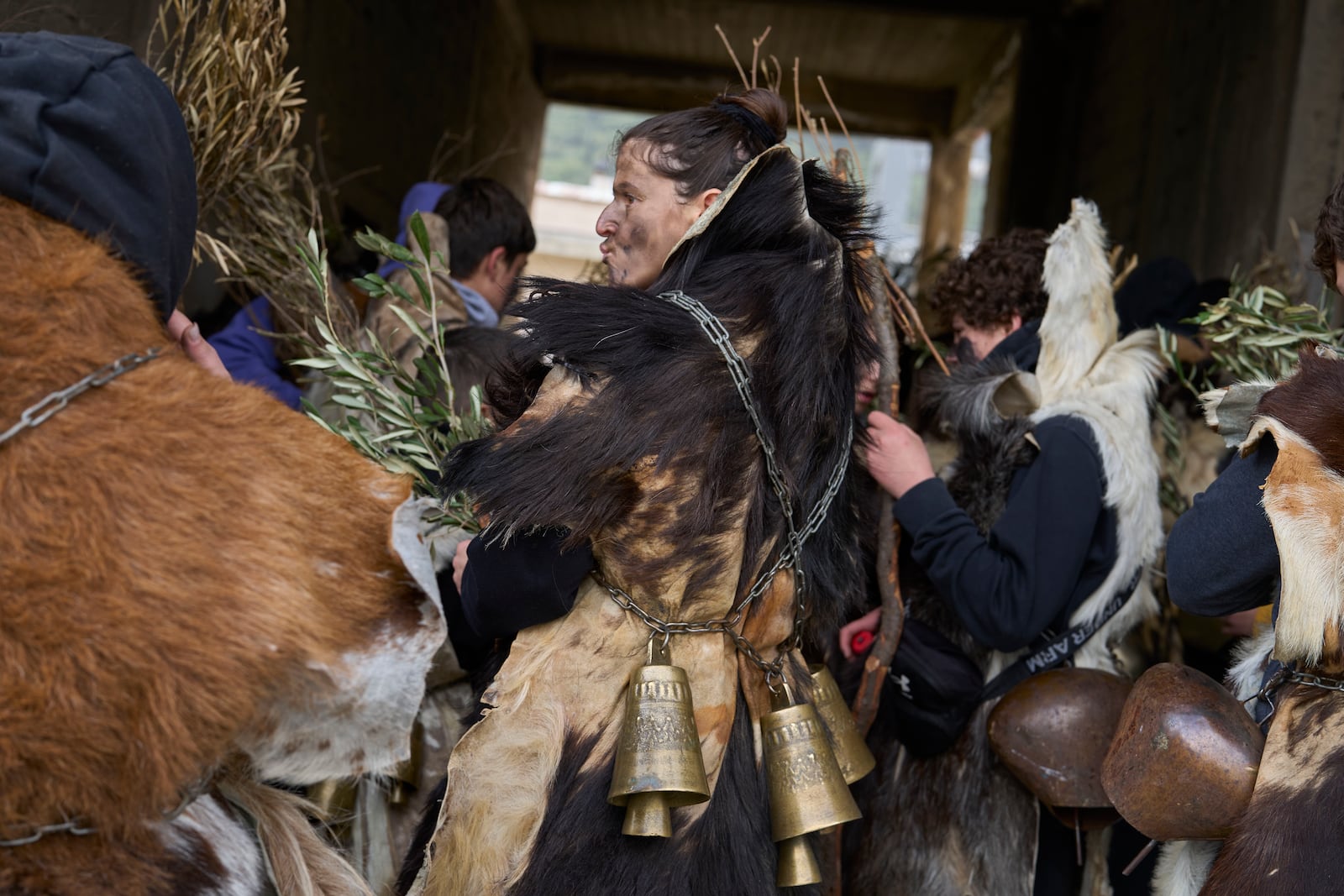 Revellers dressed in animal skins and heavy bronze bells, prepare to take part in carnival celebrations in Distomo, a village in central Greece, on Monday, March 3, 2025. (AP Photo/Petros Giannakouris)