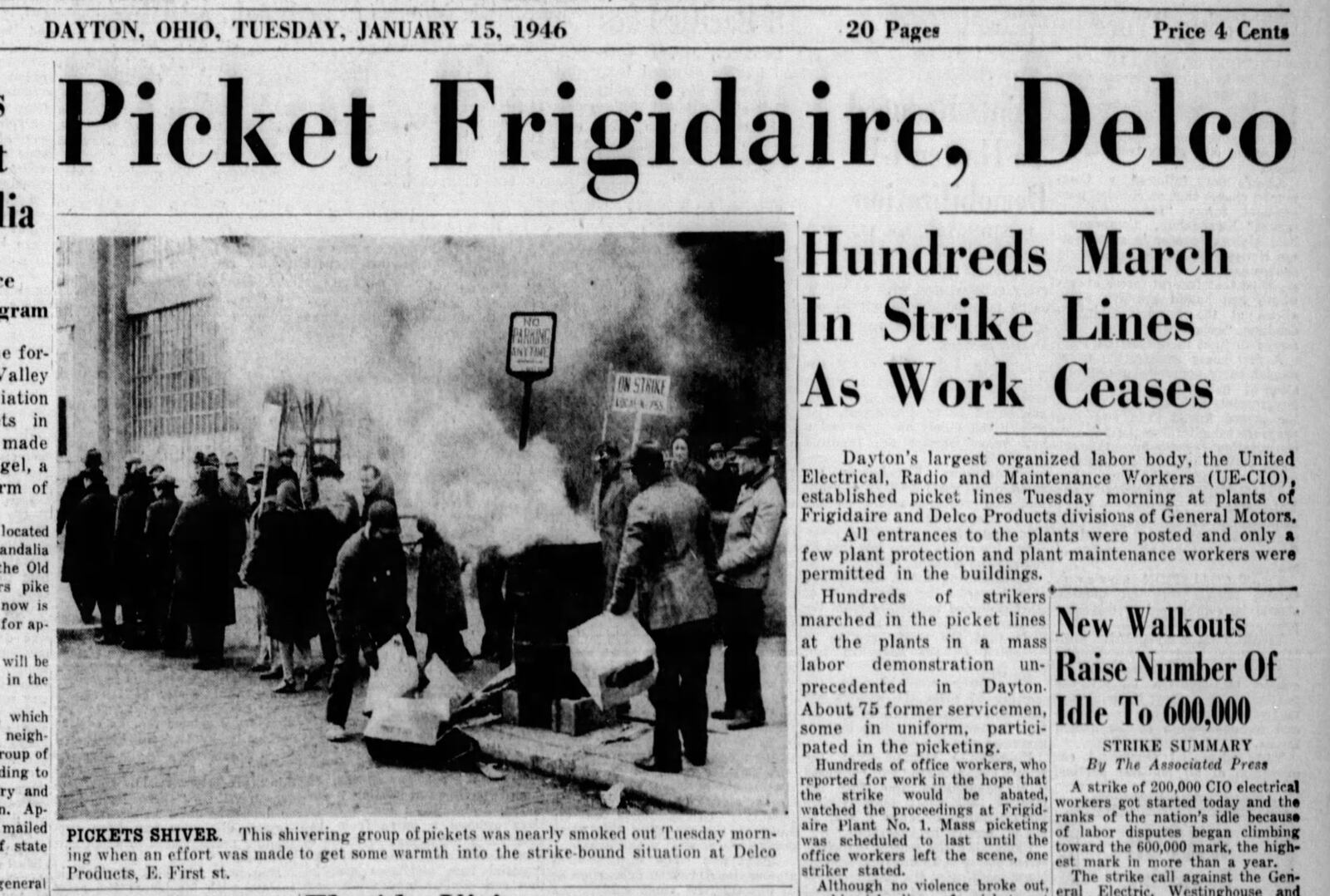 Jan. 15, 1946 - Picket Frigidaire, Delco - Hundreds march in strike lines as work ceases. DAYTON DAILY NEWS ARCHIVES