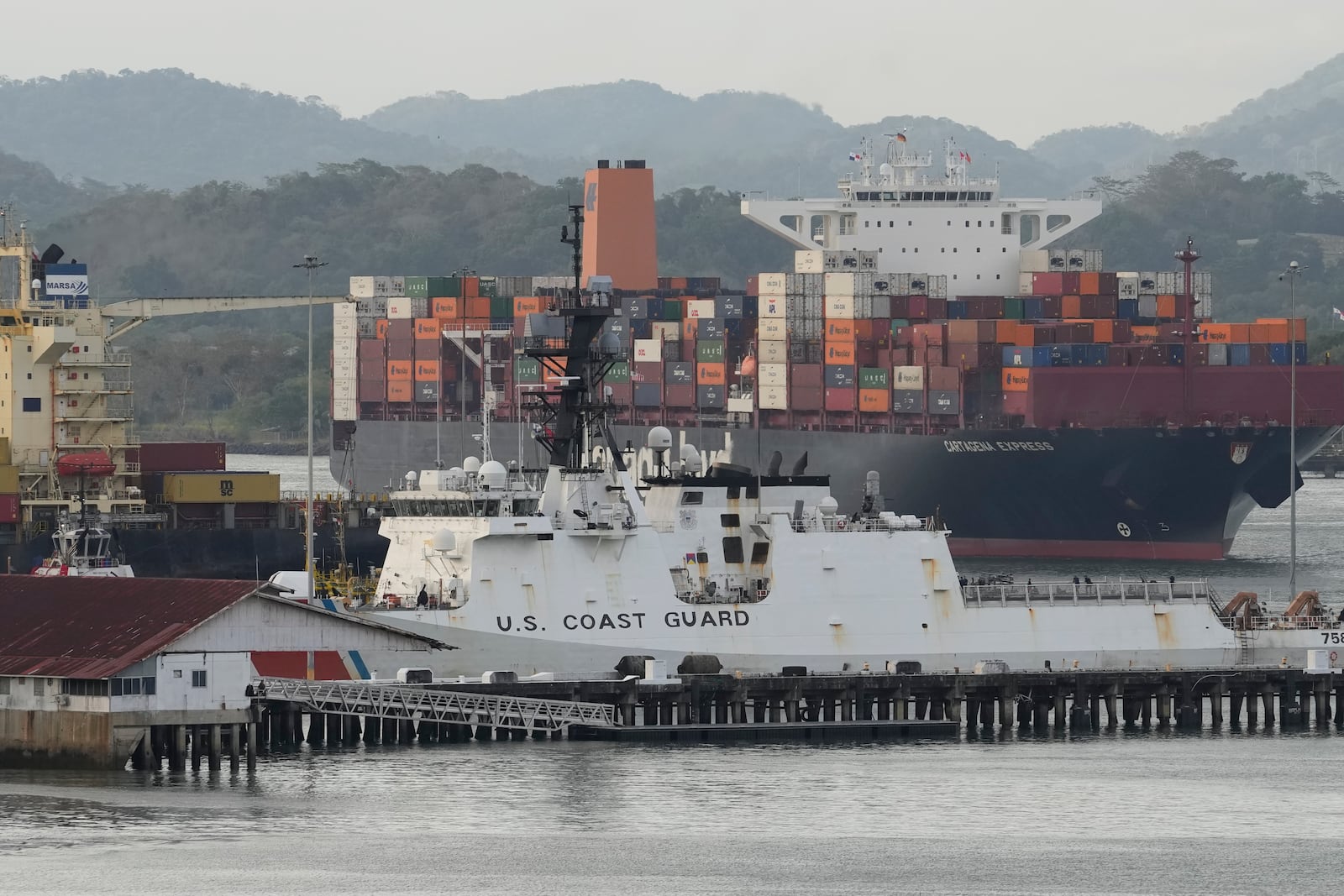 A U.S. Coast Guard ship docks at a naval base along the Panama Canal in Panama City, Thursday, March 13, 2025. (AP Photo/Matias Delacroix)