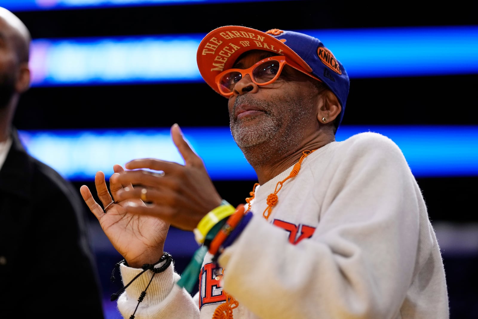 Actor/director Spike Lee watches during the first half of an NBA basketball game between the Los Angeles Lakers and the New York Knicks, Thursday, March 6, 2025, in Los Angeles. (AP Photo/Mark J. Terrill)