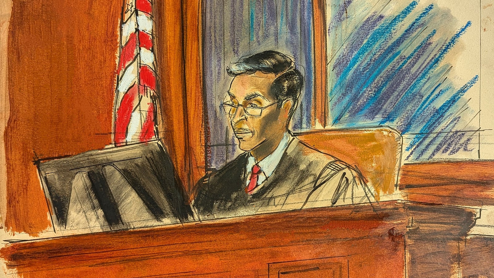 In this courtroom sketch, District Judge Arun Subramanian is shown on the bench at the hearing for Sean "Diddy" Combs, in Federal court, in New York, Thursday, Oct. 10, 2024. (Elizabeth Williams via AP)