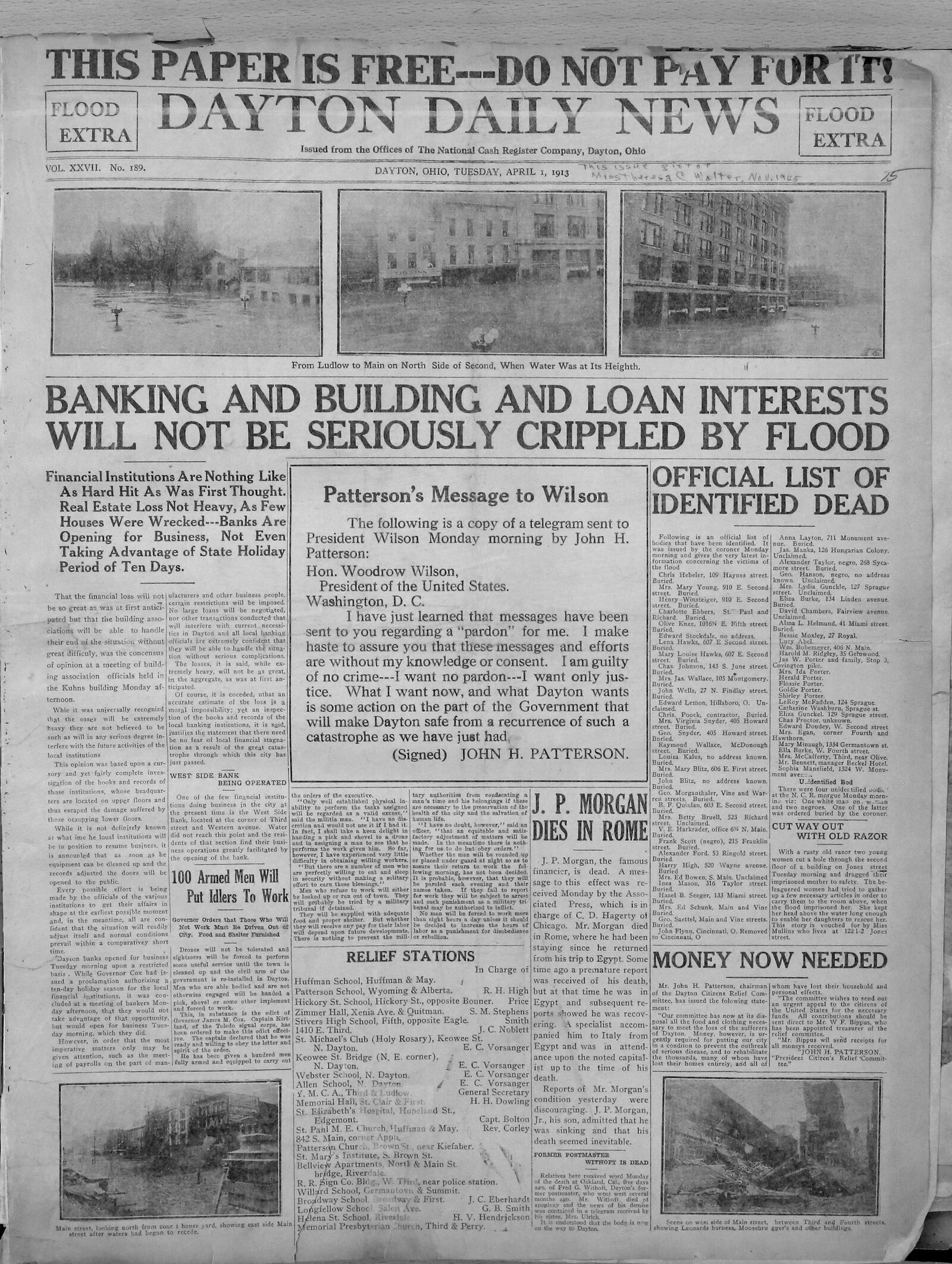 April 1, 1913:  The front page of the Dayton Daily News covering the aftermath in the Great Dayton Flood of 1913.