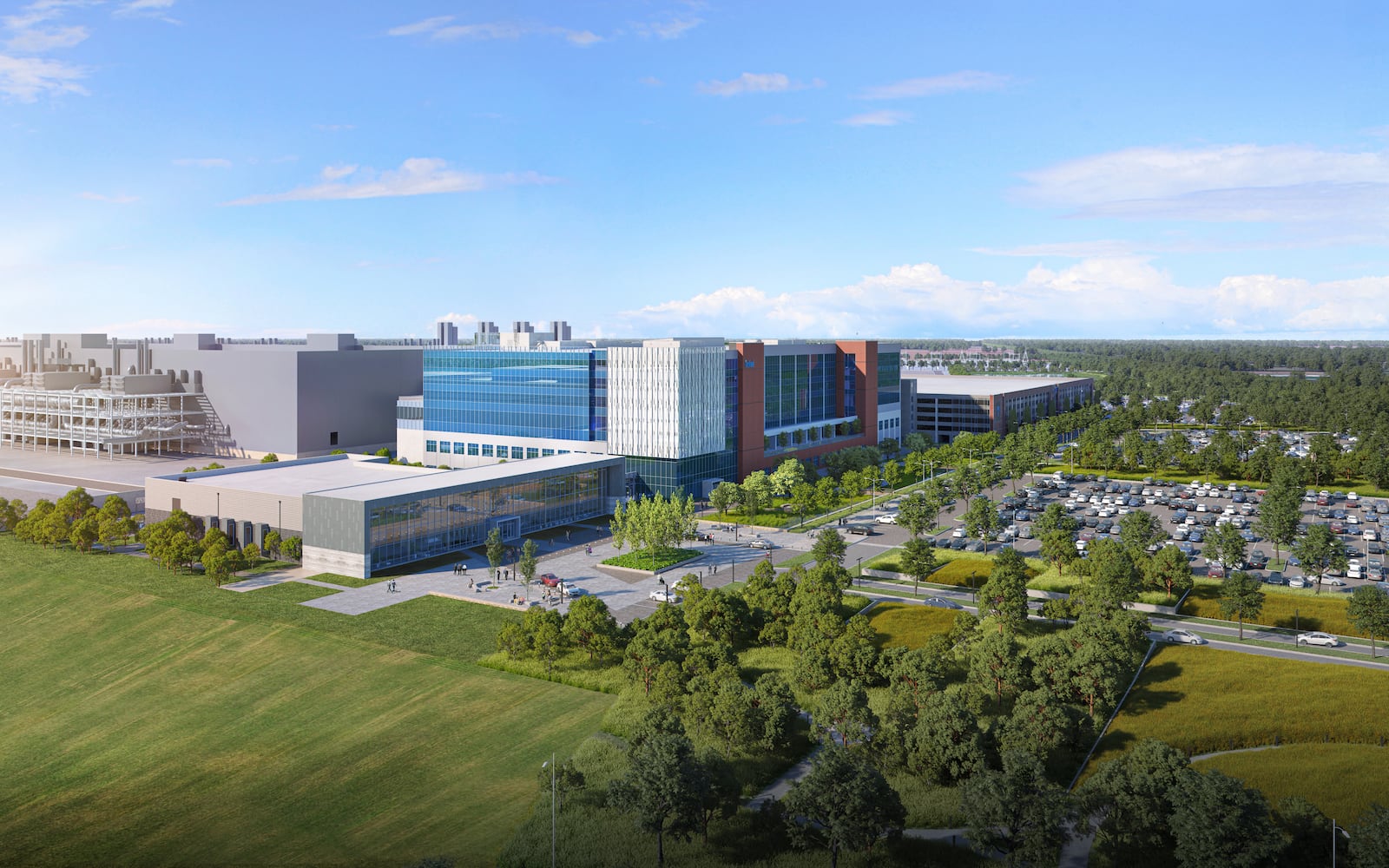 A rendering shows plans for two new leading-edge Intel processor factories in New Albany, Ohio. Announced in January 2022, the $28 billion project spans nearly 1,000 acres and is the largest single private-sector investment in Ohio history. (Credit: Intel Corporation)