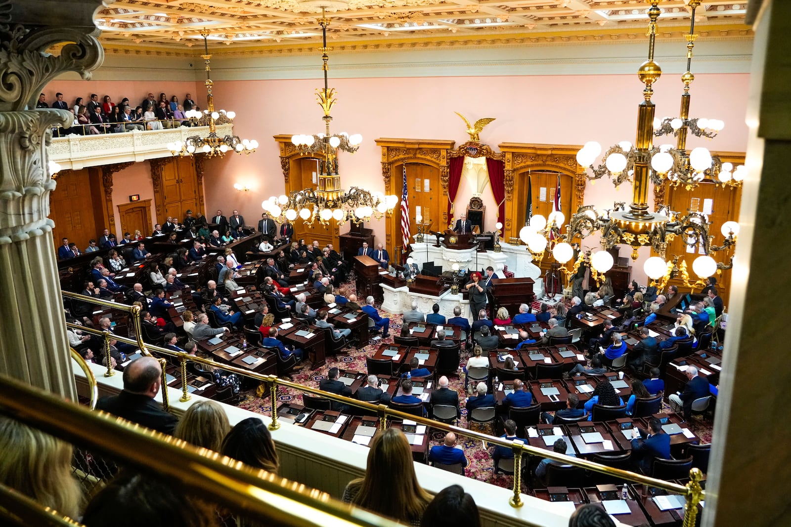 Ohio Gov. Mike DeWine gives the State of the State address in the Ohio House chambers at the Ohio Statehouse on Wednesday, March 12, 2025, in Columbus, Ohio. (Samantha Madar/The Columbus Dispatch via AP, Pool)