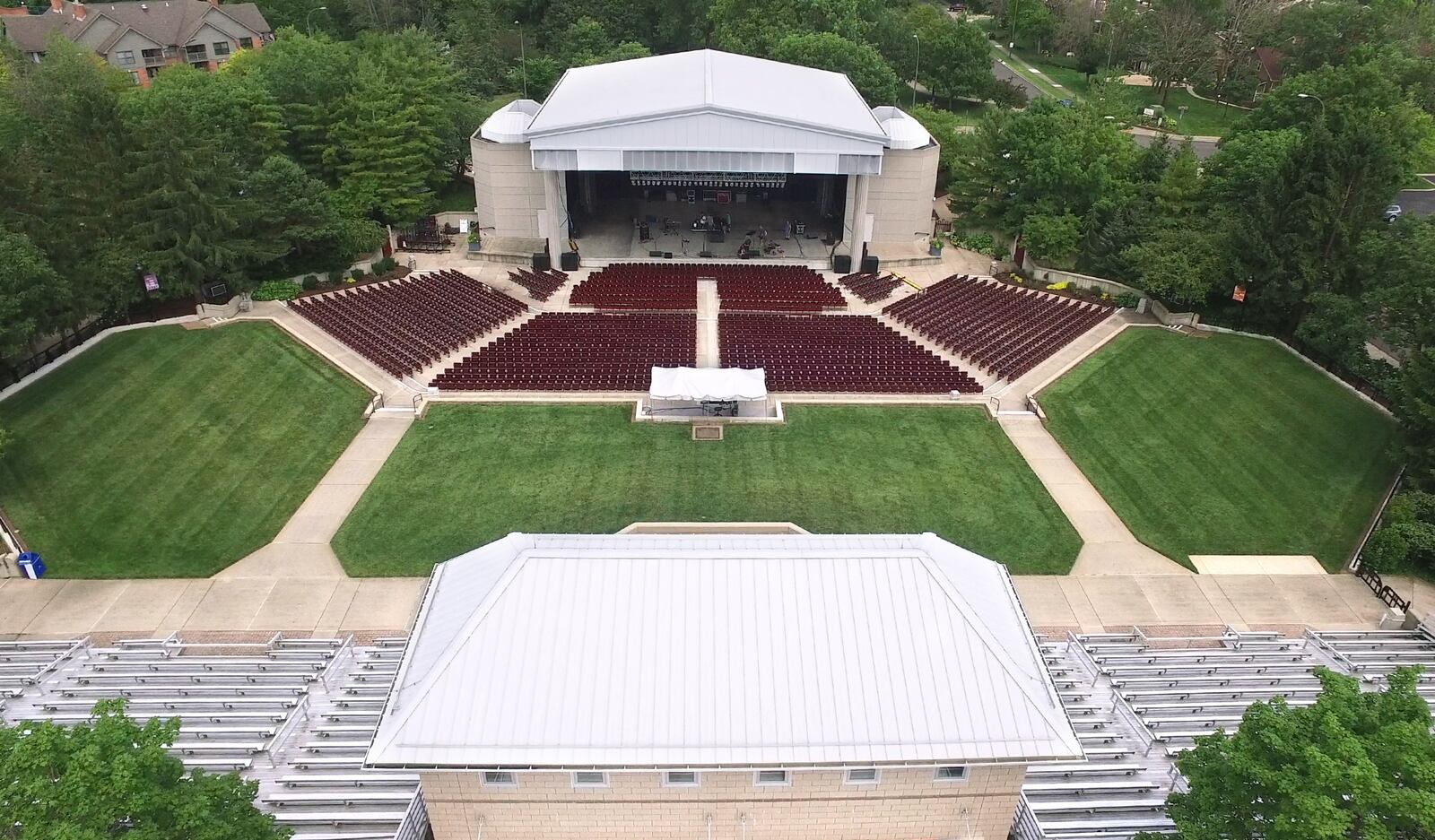 Aerial view of Fraze Pavilioin which was completed in 1991.  Hundreds of artists from Abba to ZZ Top have played at the amphitheater which cost $2.7 million to construct in Kettering's Lincoln Park.   TY GREENLEES / STAFF