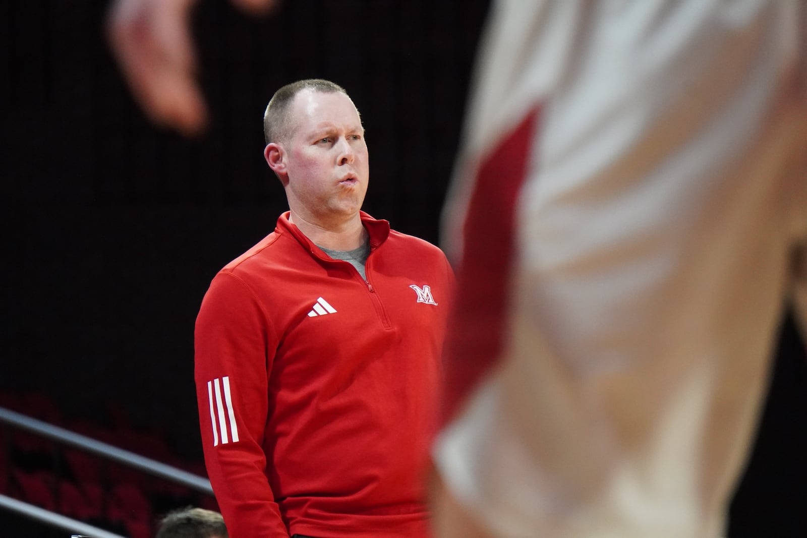 Miami men's basketball coach Travis Steele during a game vs. Bowling Green at Millett Hall on Jan. 21, 2025. Chris Vogt/CONTRIBUTED