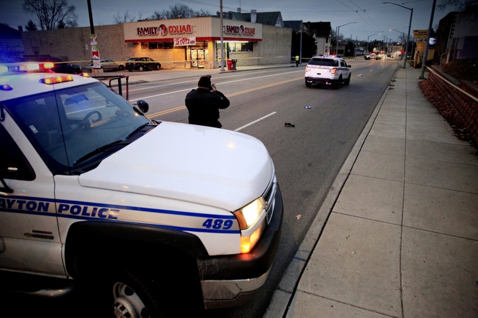 A pedestrian was struck Dec. 10, 2014, by a vehicle that fled the scene at the intersection of North Main and Helena streets in Dayton. JIM NOELKER / STAFF