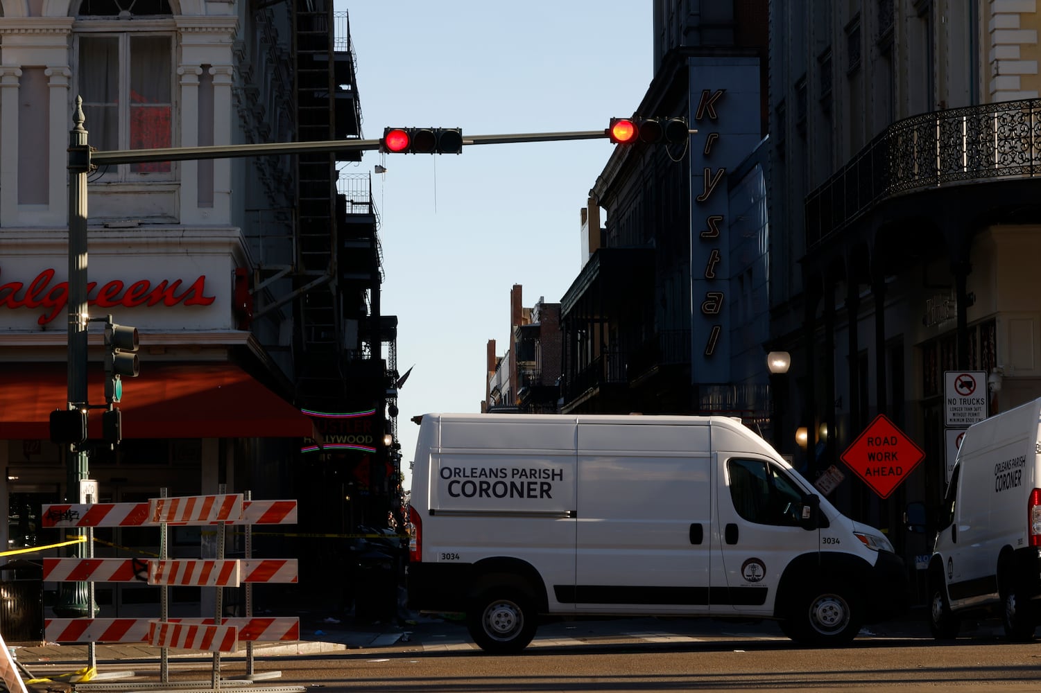 Emergency personnel at the scene, hours after a man drove a pickup truck into people in the French Quarter of New Orleans, on Wednesday, Jan. 1, 2025. (Edmund D. Fountain/The New York Times)