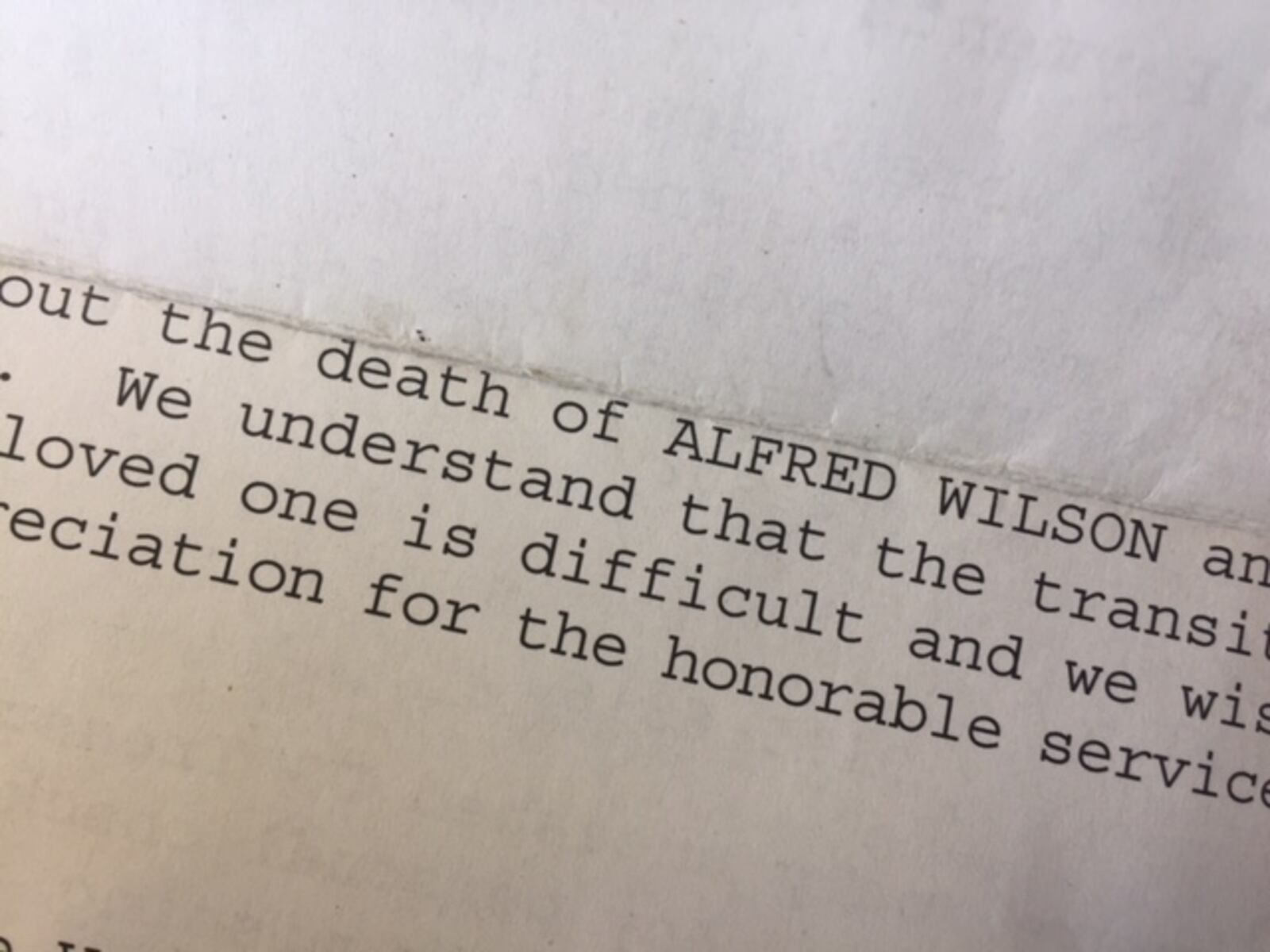 Letter from the Department of Defense referring to Wilson’s death