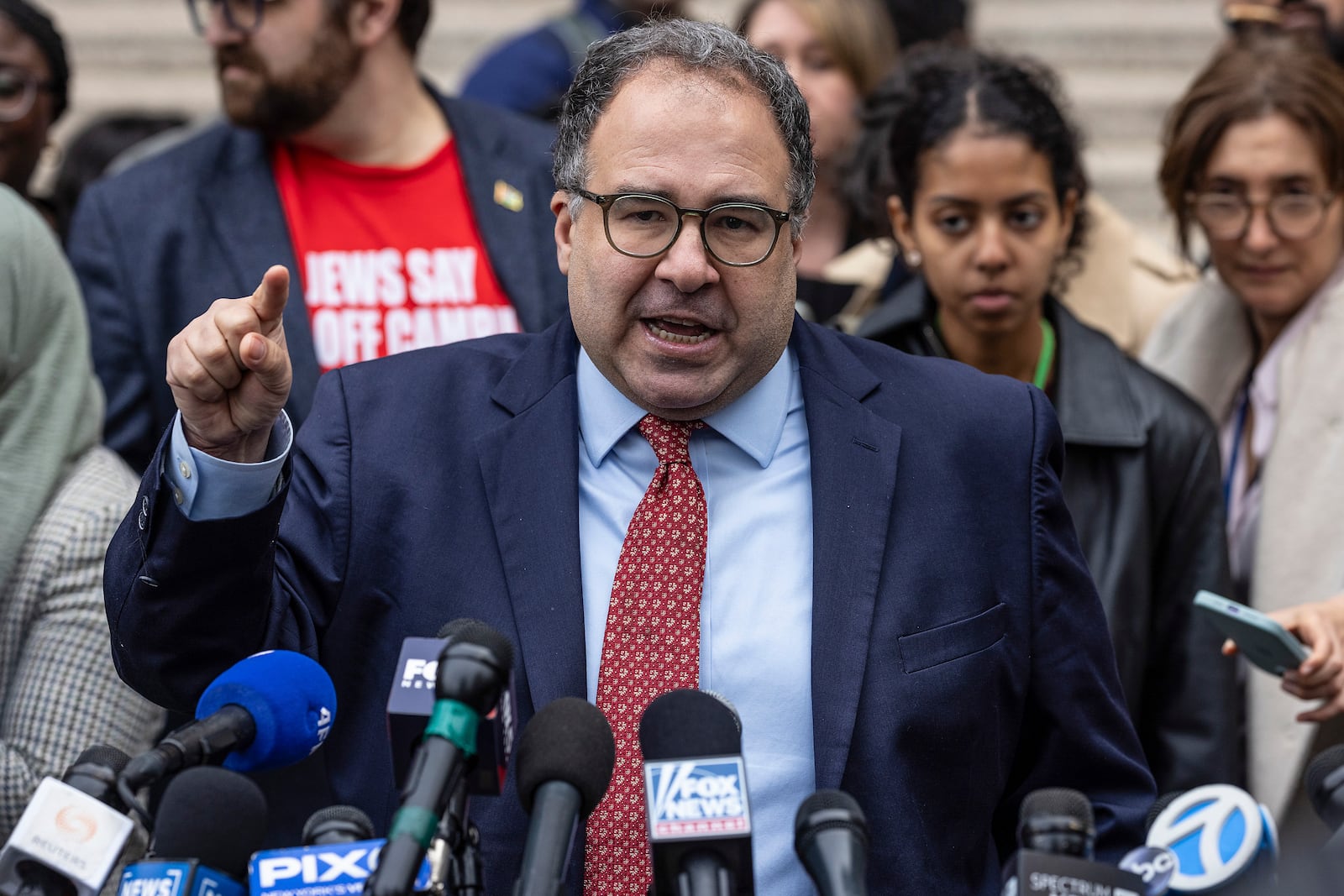 Baher Azmy, attorney for Mahmoud Khalil, speaks to members of the media after a hearing in Manhattan federal court addressing Khalil's deportation case, Wednesday, March 12, 2025, in New York. (AP Photo/Stefan Jeremiah)