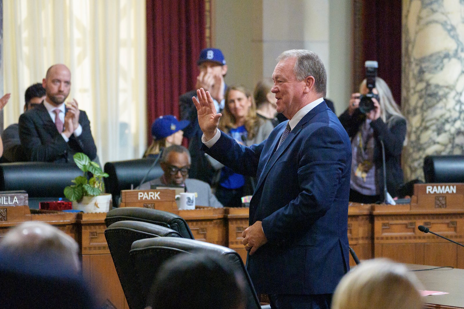 Former county Sheriff James McDonnell smiles as members of the Los Angeles City Council confirm him as Los Angeles Police Department Chief of Police at a meeting of the Council's public safety committee on Friday, Nov. 8, 2024, in Los Angeles. (AP Photo/Damian Dovarganes)