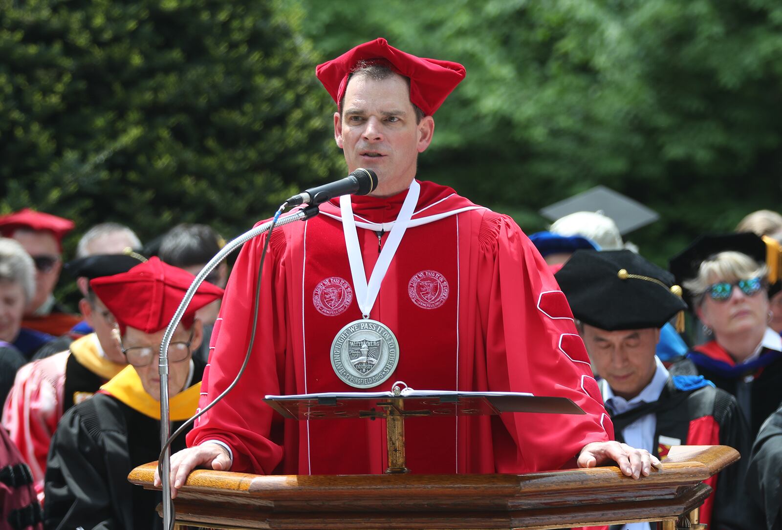 Dr. Michael Frandsen, president of Wittenberg University, speaks during the 2018 Commencement Ceremony. Bill Lackey/Staff