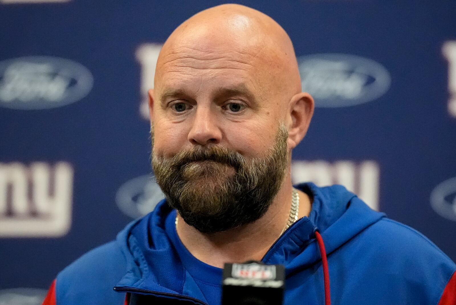 New York Giants head coach Brian Daboll speaks during a news condference after an NFL football game against the Atlanta Falcons, Sunday, Dec. 22, 2024, in Atlanta. (AP Photo/Mike Stewart)