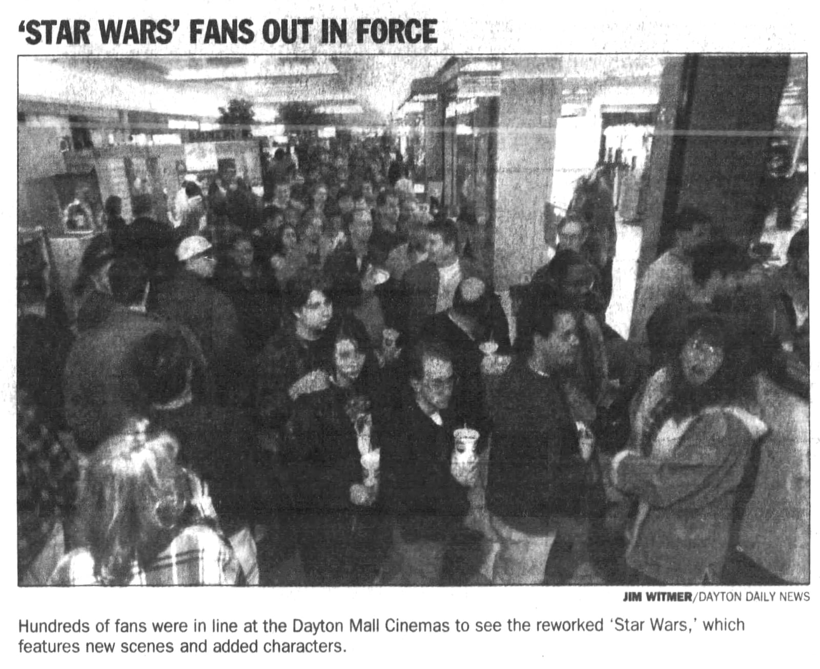 Hundreds of fans were in line at the Dayton Mall Cinemas in 1997 to see the reworked Star Wars, which featured new scenes and added characters. JIM WITTMER / DAYTON DAILY NEWS ARCHIVES