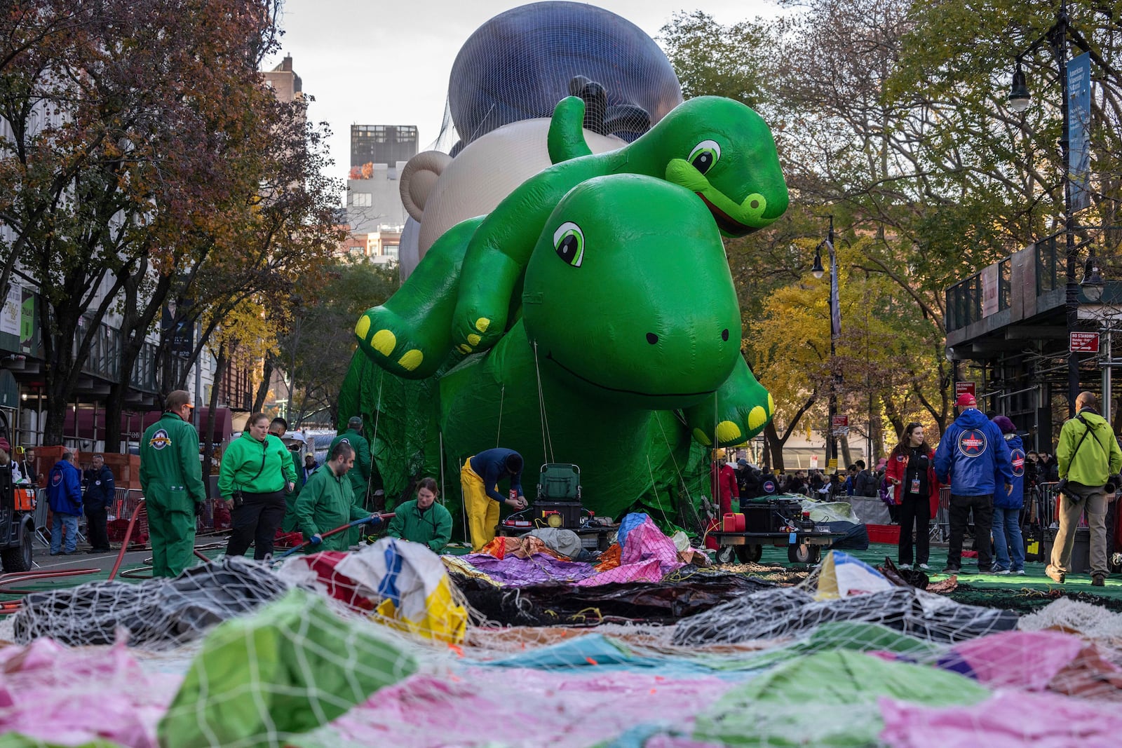 A float of Sinclair's Dina is seen in preparation for the Macy's Thanksgiving Day Parade, Wednesday, Nov. 27, 2024, in New York. (AP Photo/Yuki Iwamura)