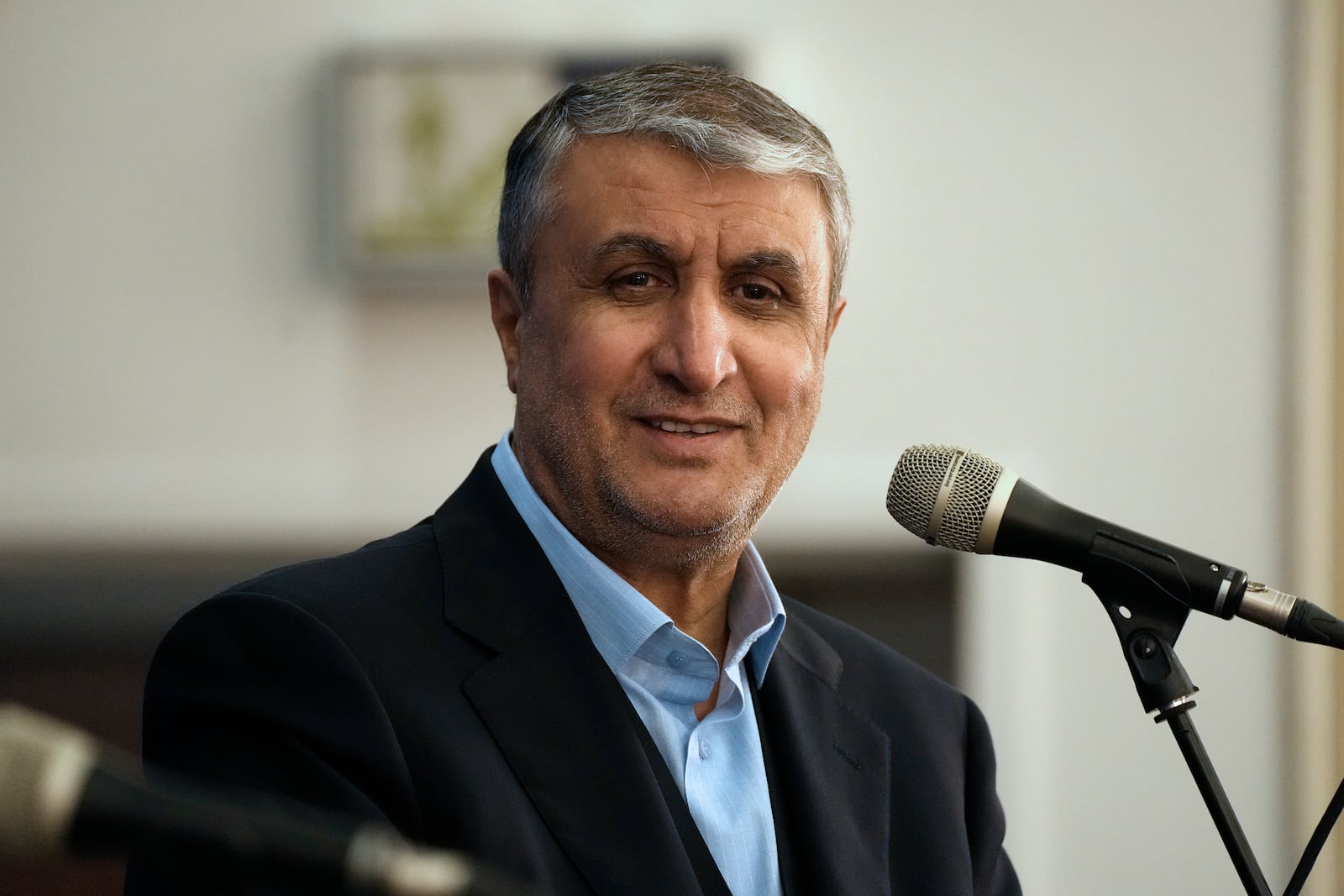 Head of Atomic Energy Organization of Iran Mohammad Eslami listens during his joint press conference with International Atomic Energy Agency (IAEA) Director General Rafael Mariano Grossi in Tehran, Iran, Thursday, Nov. 14, 2024. (AP Photo/Vahid Salemi)