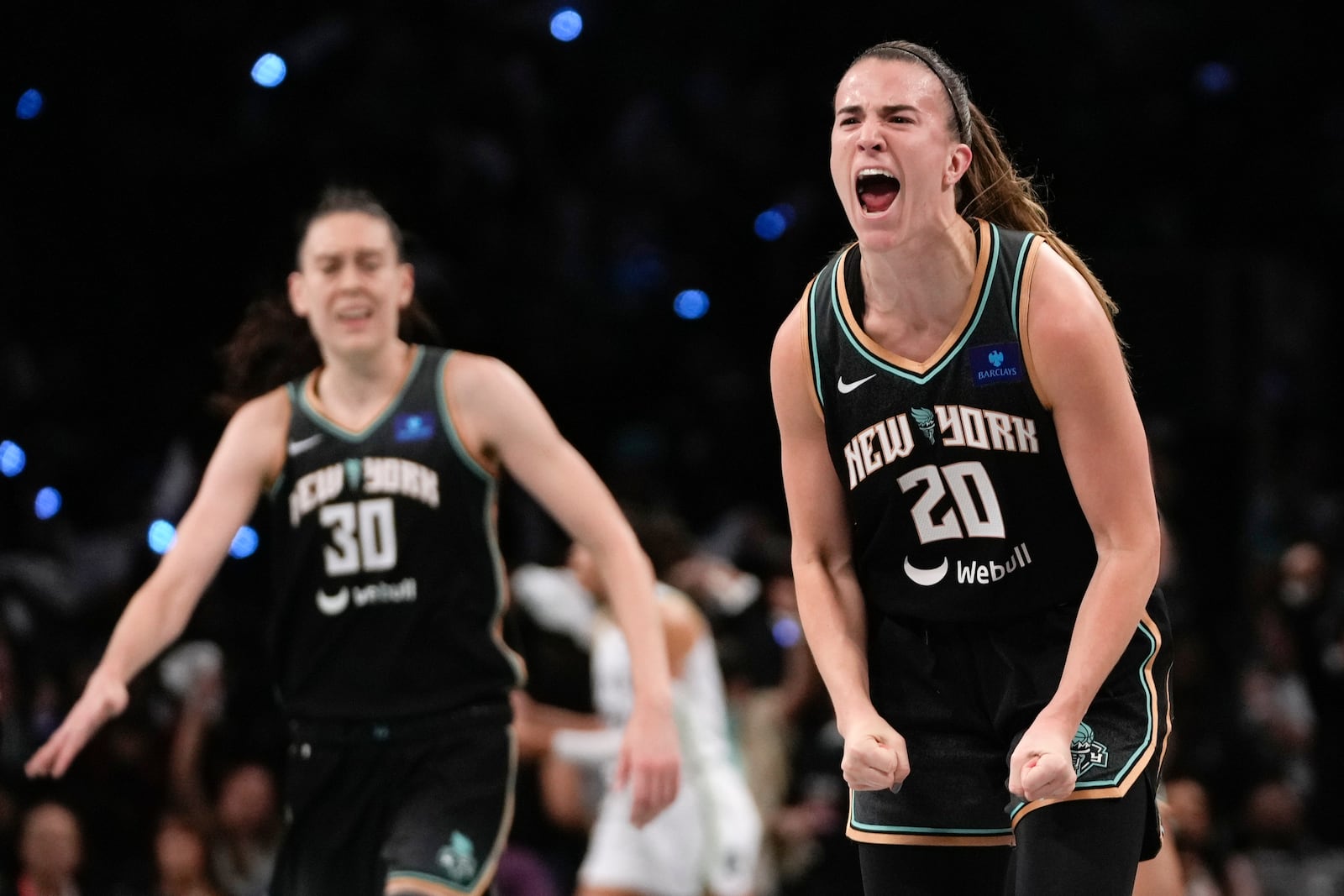 FILE - New York Liberty guard Sabrina Ionescu (20) reacts after scoring against the Minnesota Lynx during the third quarter of Game 5 of the WNBA basketball final series, Sunday, Oct. 20, 2024, in New York. (AP Photo/Pamela Smith, File)