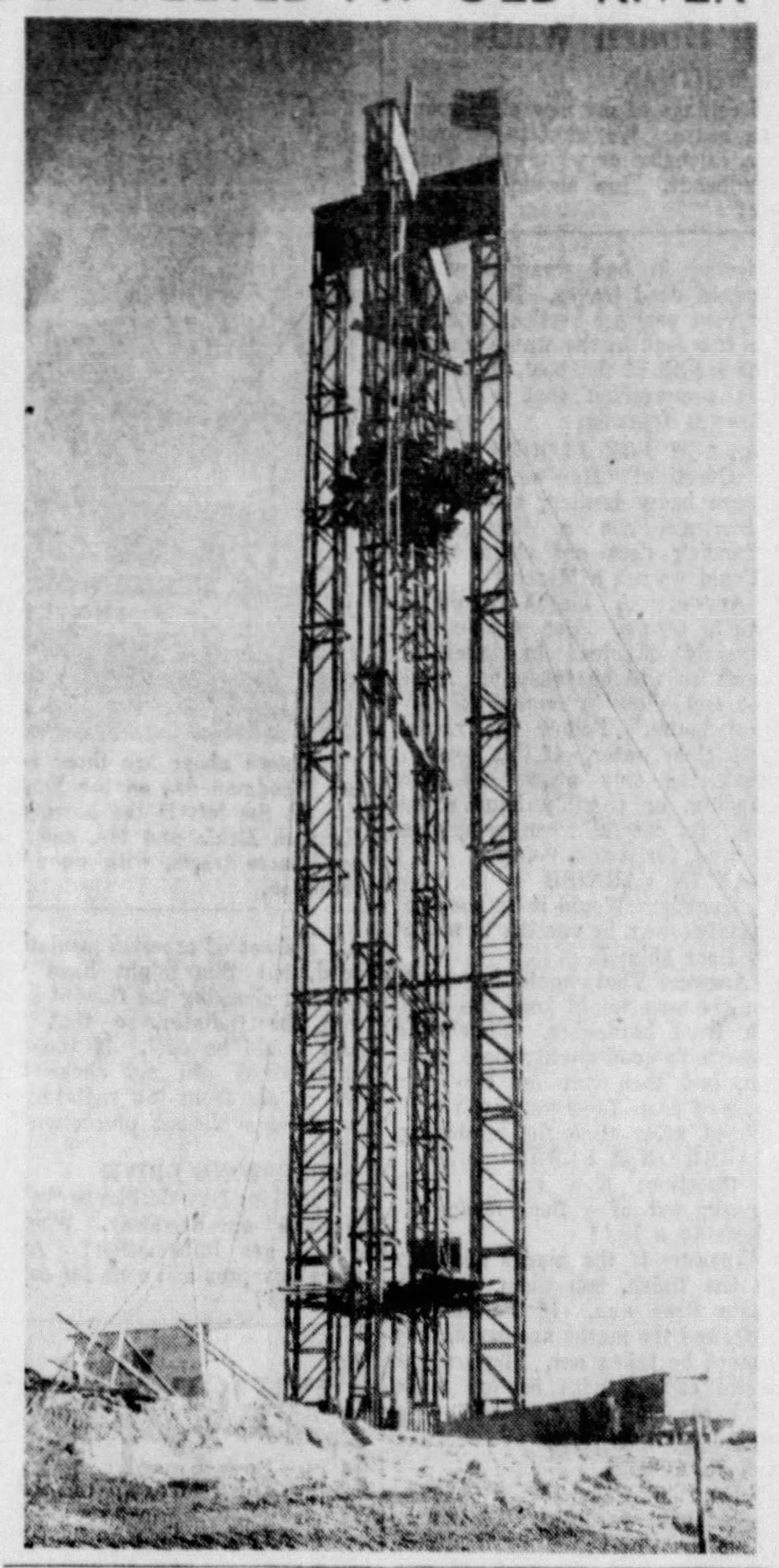 Nov. 17, 1940: 151 foot steel tower for Deeds Carillon completed at old river. DAYTON DAILY NEWS ARCHIVES