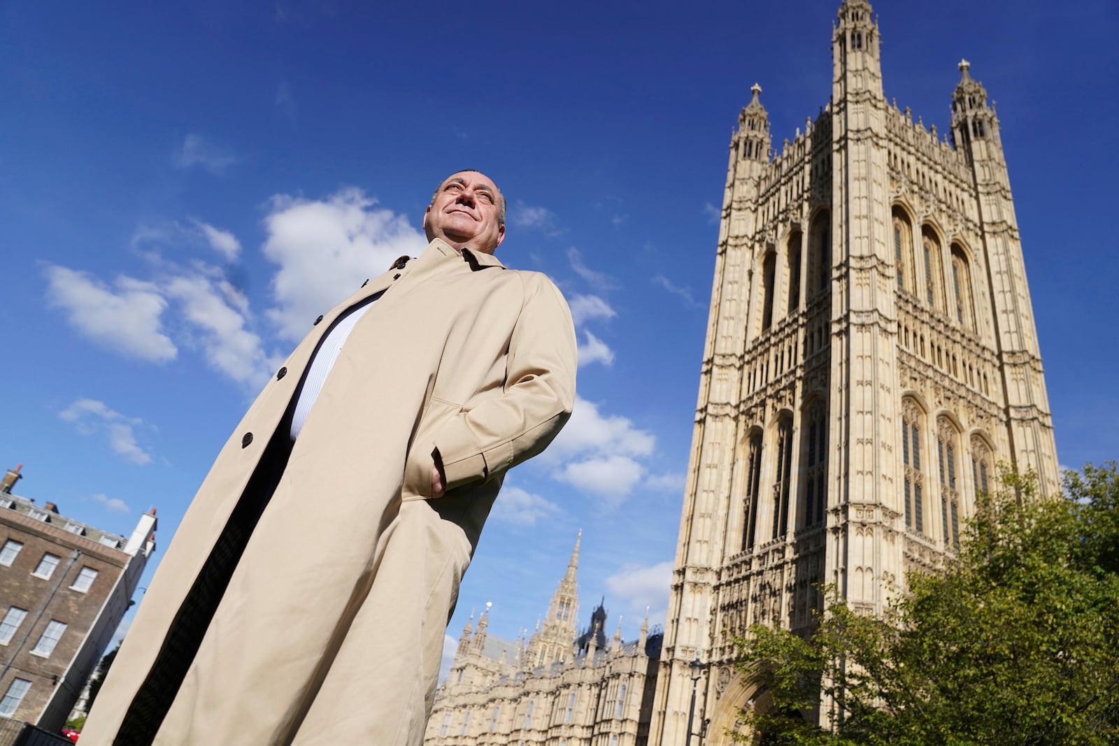 FILE - Alex Salmond speaks to the media on College Green, Westminster, London on Oct. 11, 2022. (Stefan Rousseau/PA via AP)