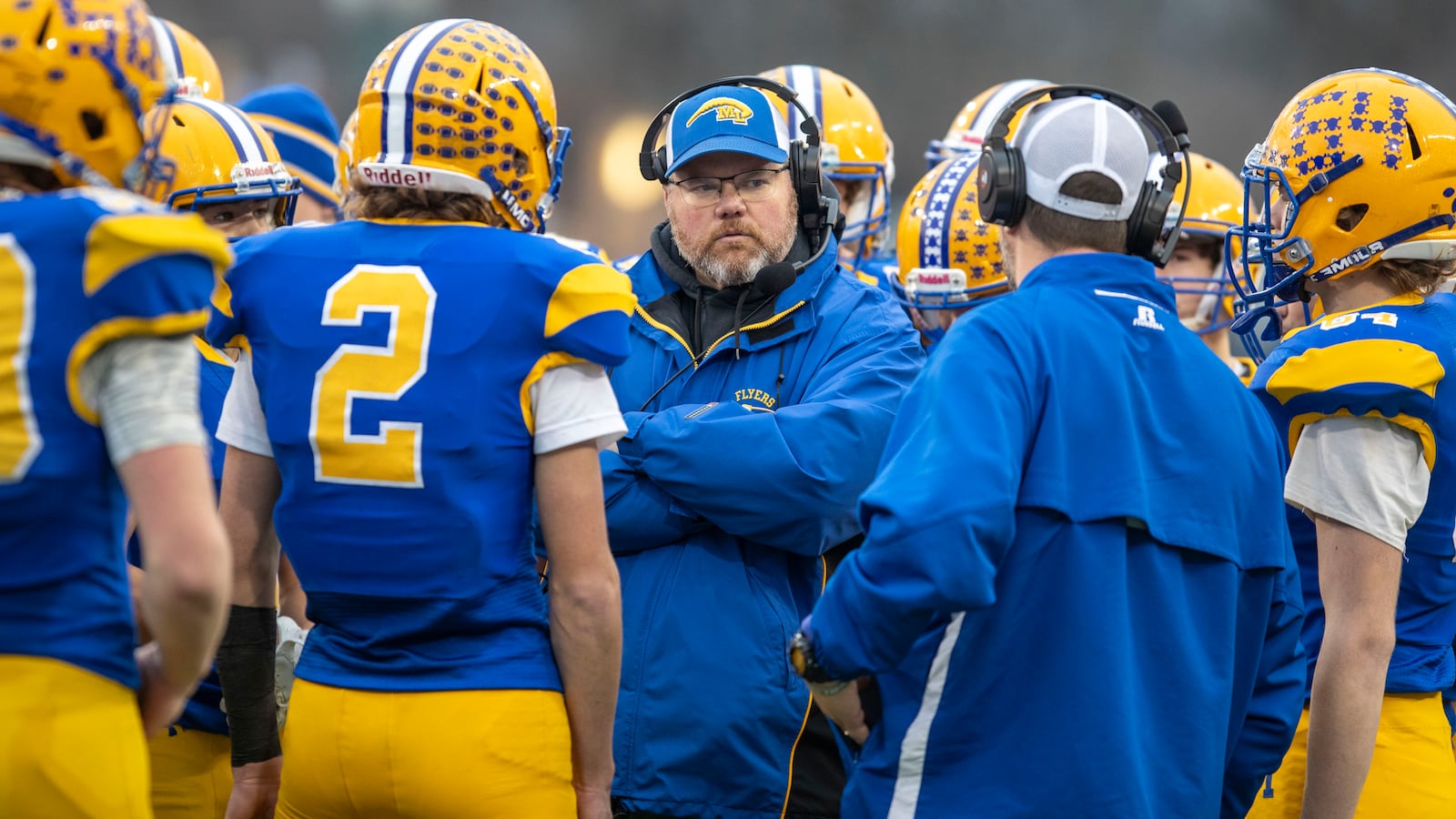 Marion Local coach Tim Goodwin meets with his team during the Division VII state championship game in Canton on Dec. 2, 2023. Michael Cooper/CONTRIBUTED