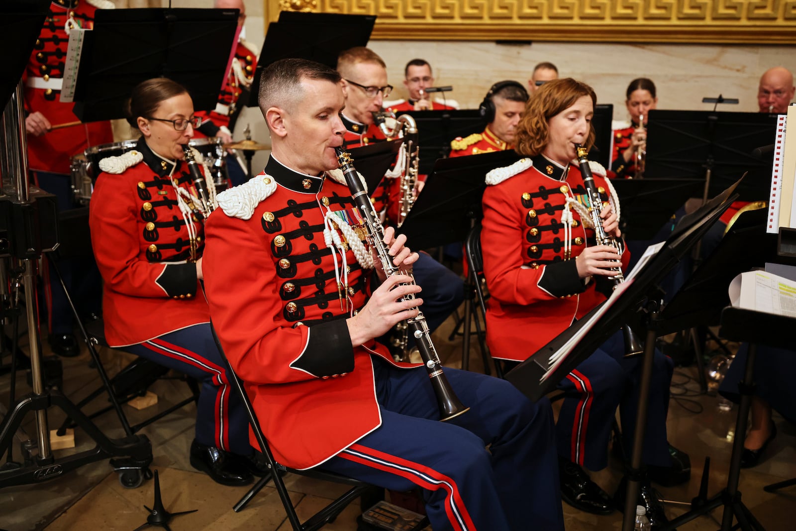 Members of the U.S. Marine Band perform before the 60th Presidential Inauguration in the Rotunda of the U.S. Capitol in Washington, Monday, Jan. 20, 2025. (Chip Somodevilla/Pool Photo via AP)