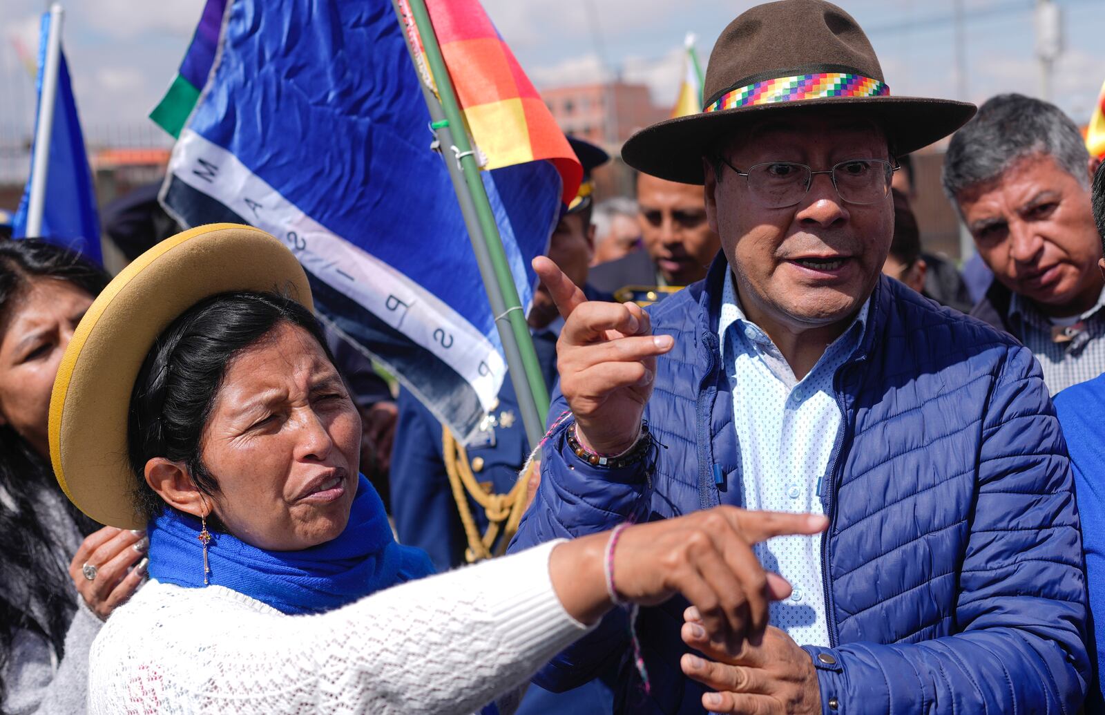 FILE - Julia Ramos, the newly named vice president of a faction of the Movement Towards Socialism (MAS) party, speaks with Bolivian President Luis Arce, in El Alto, Bolivia, Nov. 28, 2024. (AP Photo/Juan Karita, File)