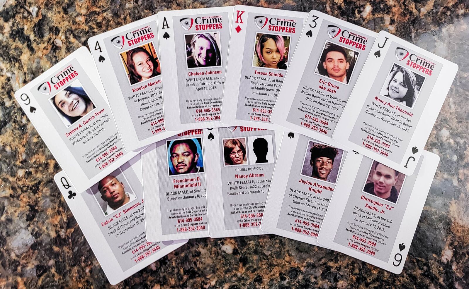 New playing cards featuring photos and stories of cold case victims were delivered to the Ohio Department of Rehabilitation and Correction by the U Can Speak for Me organization. The group was founded by Hope Dudley, of Cincinnati, shortly after her son, Chaz, was killed in a 2007 drive-by shooting. They include a number of Butler County unsolved homicides. NICK GRAHAM / STAFF