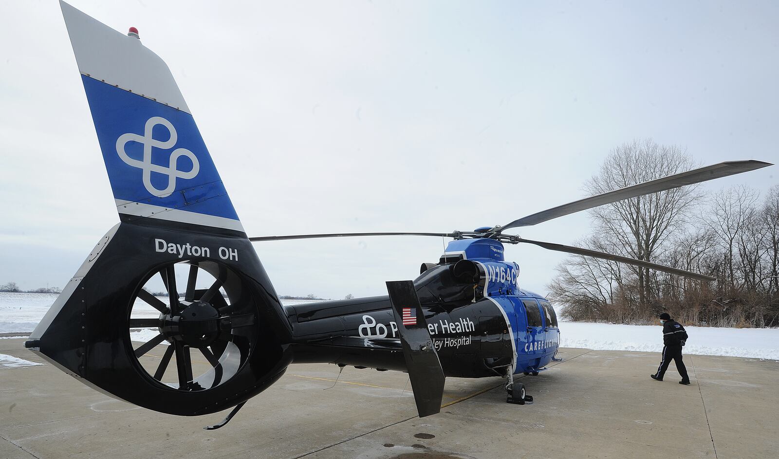 CareFlight pilot, Nick Stevenson, talks to the media, Friday, Feb. 12, 2021 at the Moraine Airpark, about flying and preparation of the aircraft for cold weather. MARSHALL GORBY\STAFF