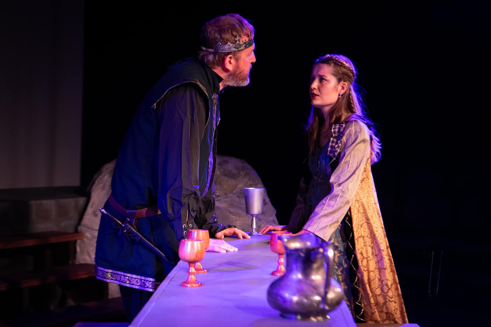 Ben Guenther (Macbeth) and Zoie Ramirez (Lady Macbeth) in Clark State College's production of "Macbeth." PHOTO BY JEREMY MUDD