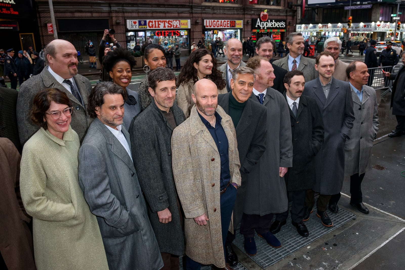 FILE - The cast of "Good Night, and Good Luck" appear with George Clooney, front row center, at the Broadway cast announcement at the Winter Garden Theatre on Feb. 6, 2025, in New York. (Photo by Christopher Smith/Invision/AP, File)