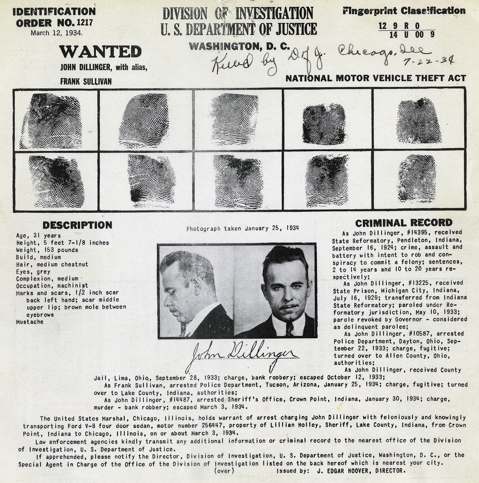 John Dillinger's 1934 wanted poster.