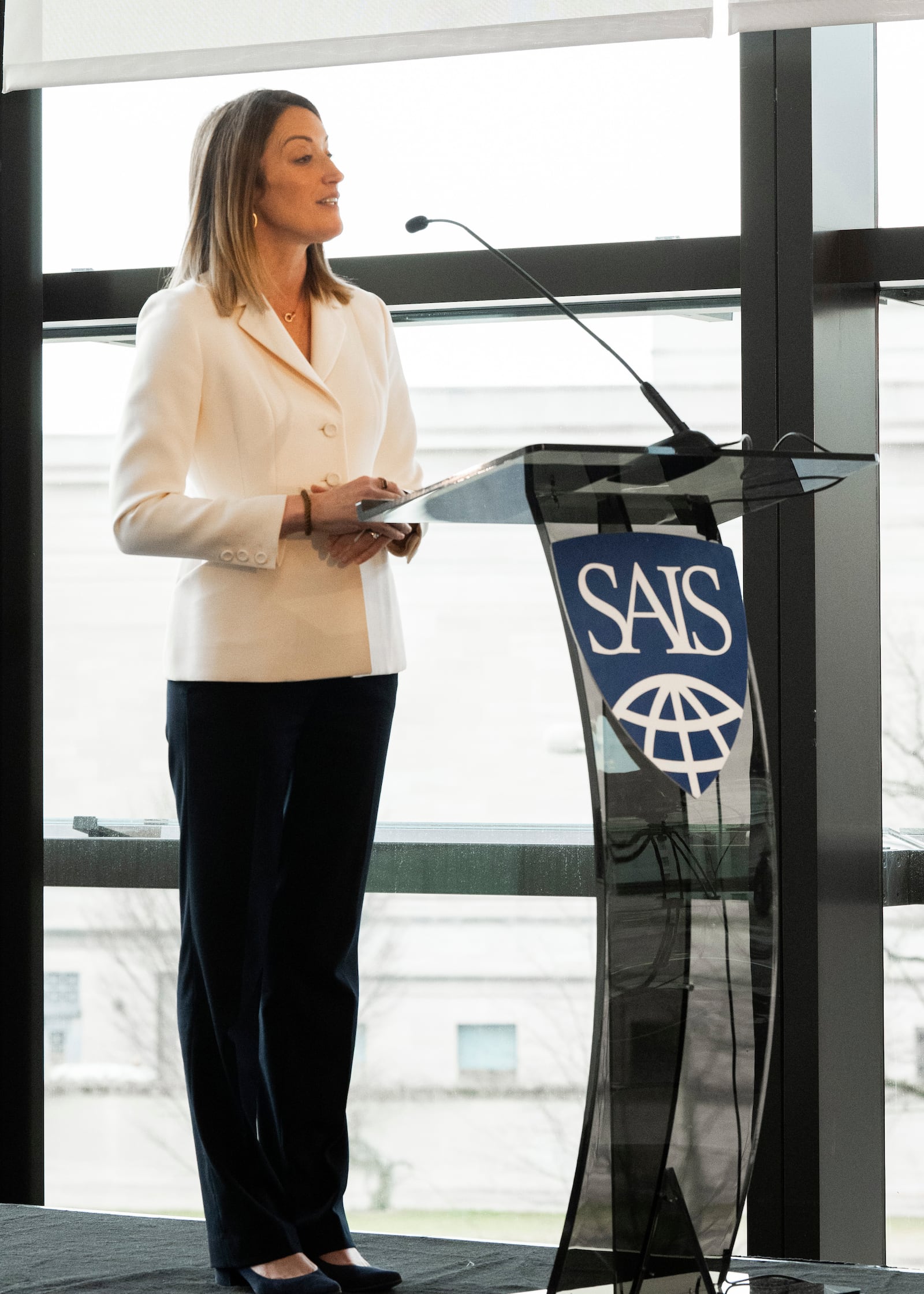 In this image provided by Johns Hopkins University, European Parliament President Roberta Metsola speaks at Johns Hopkins University, Thursday, Feb. 27, 2025, in Washington. (Kaveh Sardari/Johns Hopkins University via AP)