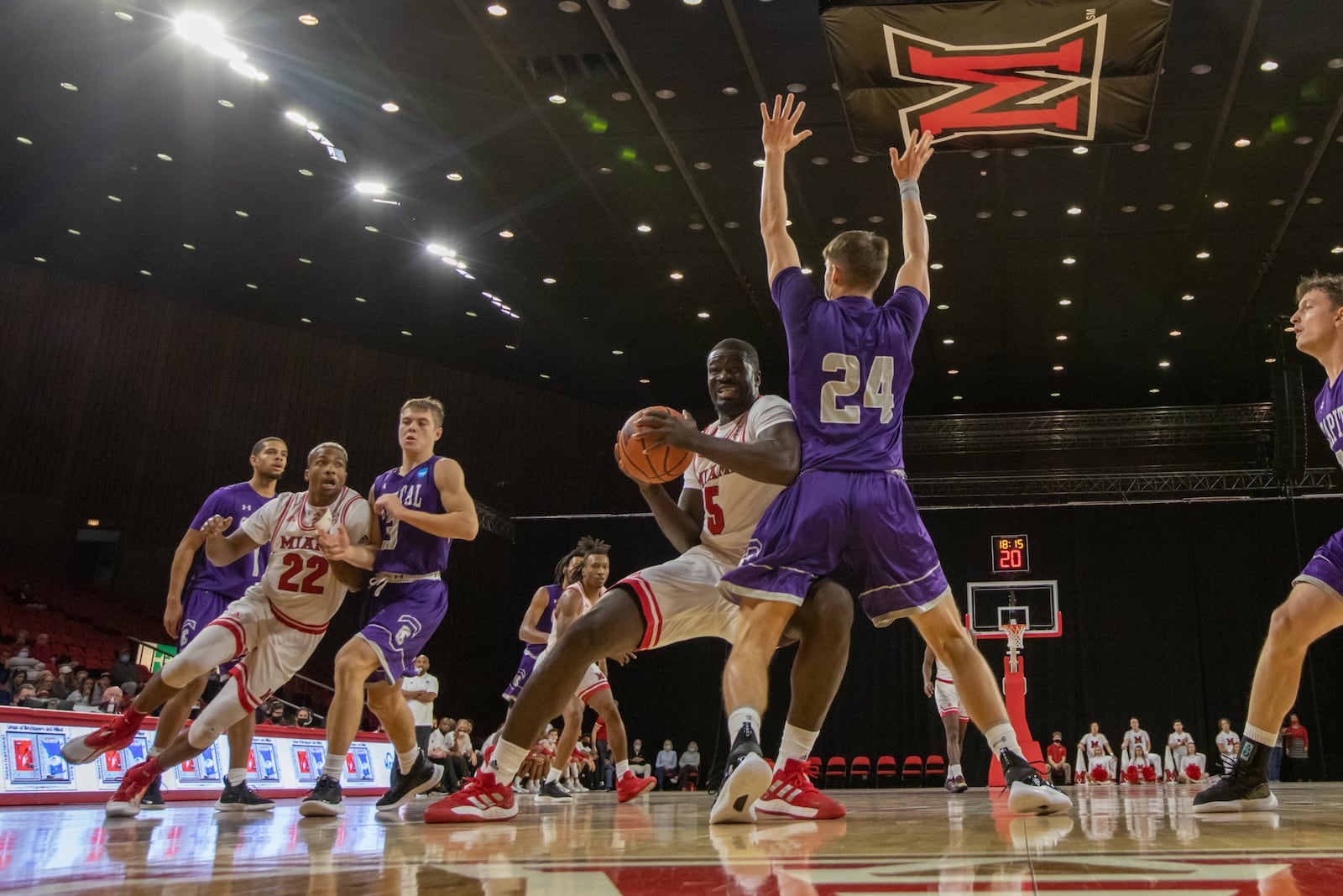 Precious Ayah drives for the basket in an exhibition game this season against Capital University (Miami University photo)