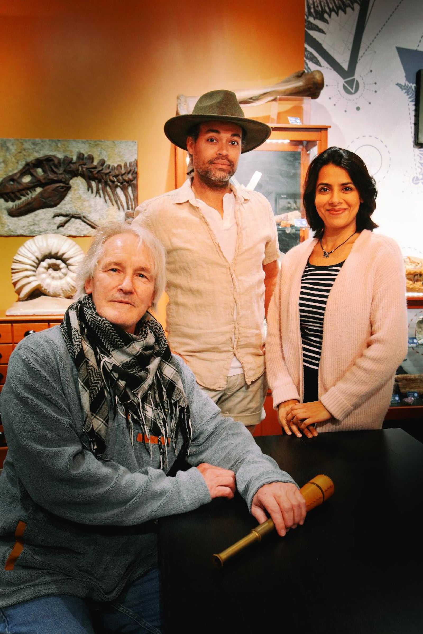 Left to right: Bruce Cromer (Louis de Rougemont), Andrew Ian Adams (Player 2) and Shonita Joshi (Player 1) on location at the Boonshoft Museum of Discovery. The trio stars in the Human Race Theatre Company's production of "Shipwrecked! An Entertainment!" PHOTO BY SCOTT J. KIMMINS